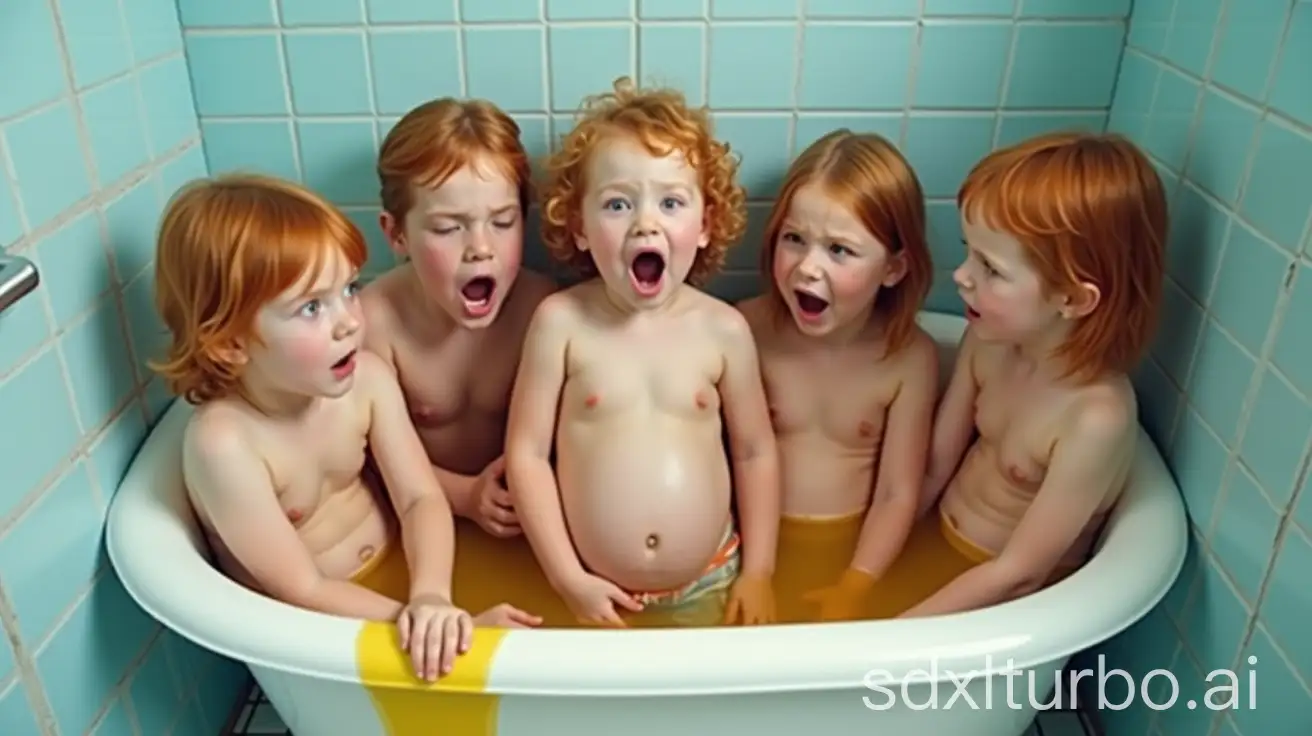 Group-of-Pregnant-Redhead-Girls-Yelling-in-Preschool-Bathroom-with-Yellow-Water-Leak