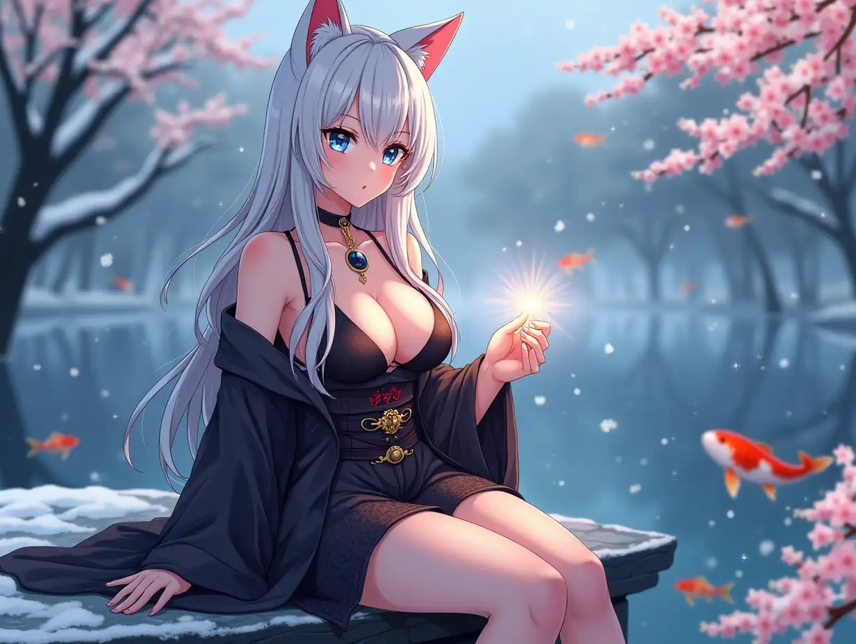 Anime mature adult woman with an hourglass body who looks like she is in her 30's with big breast, blue eyes, black and gold earrings, a choker around her neck, long white hair and white cat ears on her head. She is in a revealing miko outfit in the spring time sitting by a koi fish pond. The background is snowing with Japanese trees blowing in the wind. She light up small laterns for the event tonight.