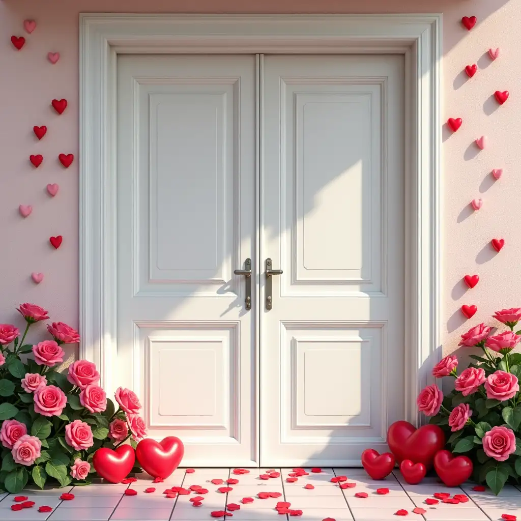 Outdoor, with white doors and various bouquets and hearts placed around the doors, creating a Valentine's Day atmosphere with realistic and delicate visuals,