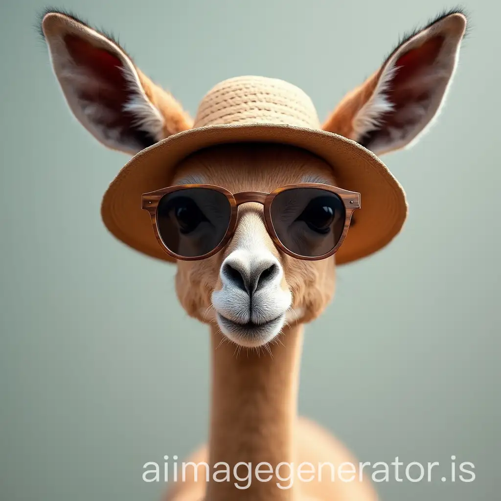 Frontal-Portrait-of-a-Guanaco-with-Sunglasses-and-Summer-Hat