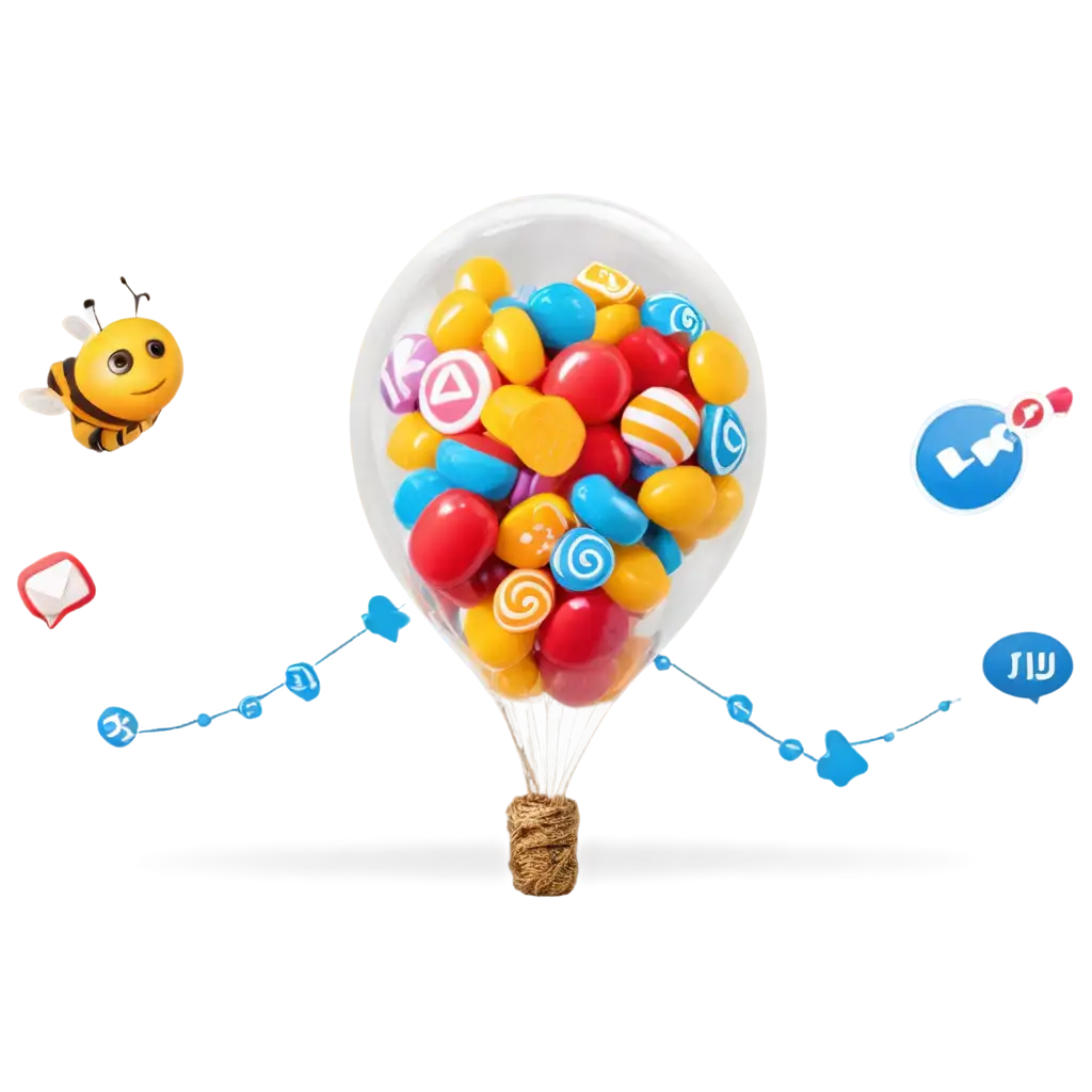 a jar full of candies and social media icons like instagram, youtube, facebook, pinterest in a balloon form tied to that jar and bees flying around it