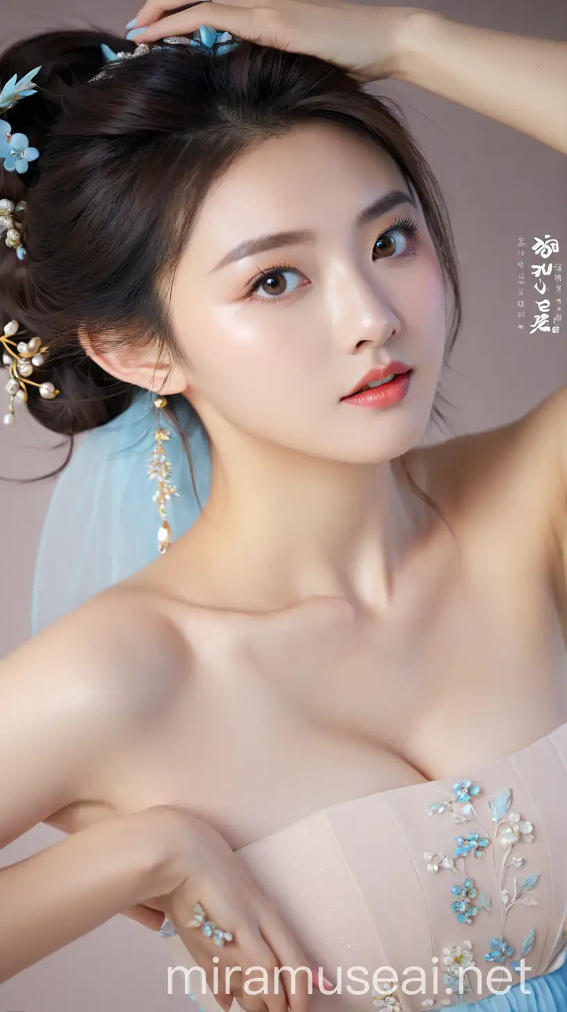 Elegant Asian Woman in Light Blue Dress with Big Eyes