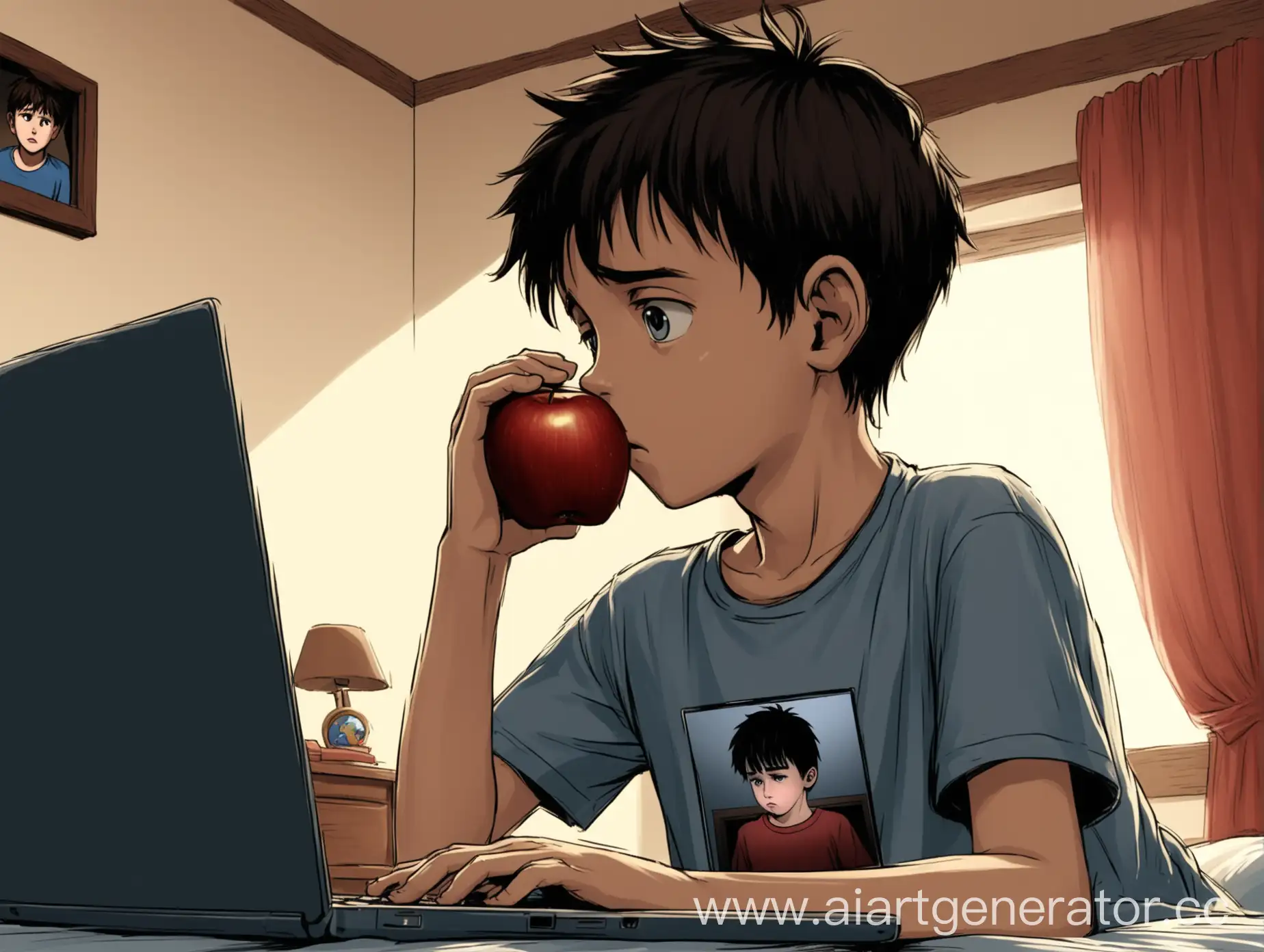 user_prompt: young boy of 13 years, with Adam's apple, face of shame, in profile, looking at the screen of a laptop, he is in his bedroom, wearing a t-shirt