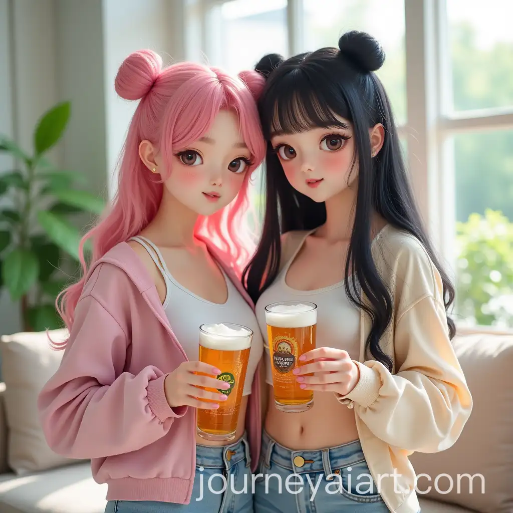 Two-Adorable-Asian-Girls-in-a-Bright-Living-Room-with-Playful-and-Edgy-Fashion-Styles