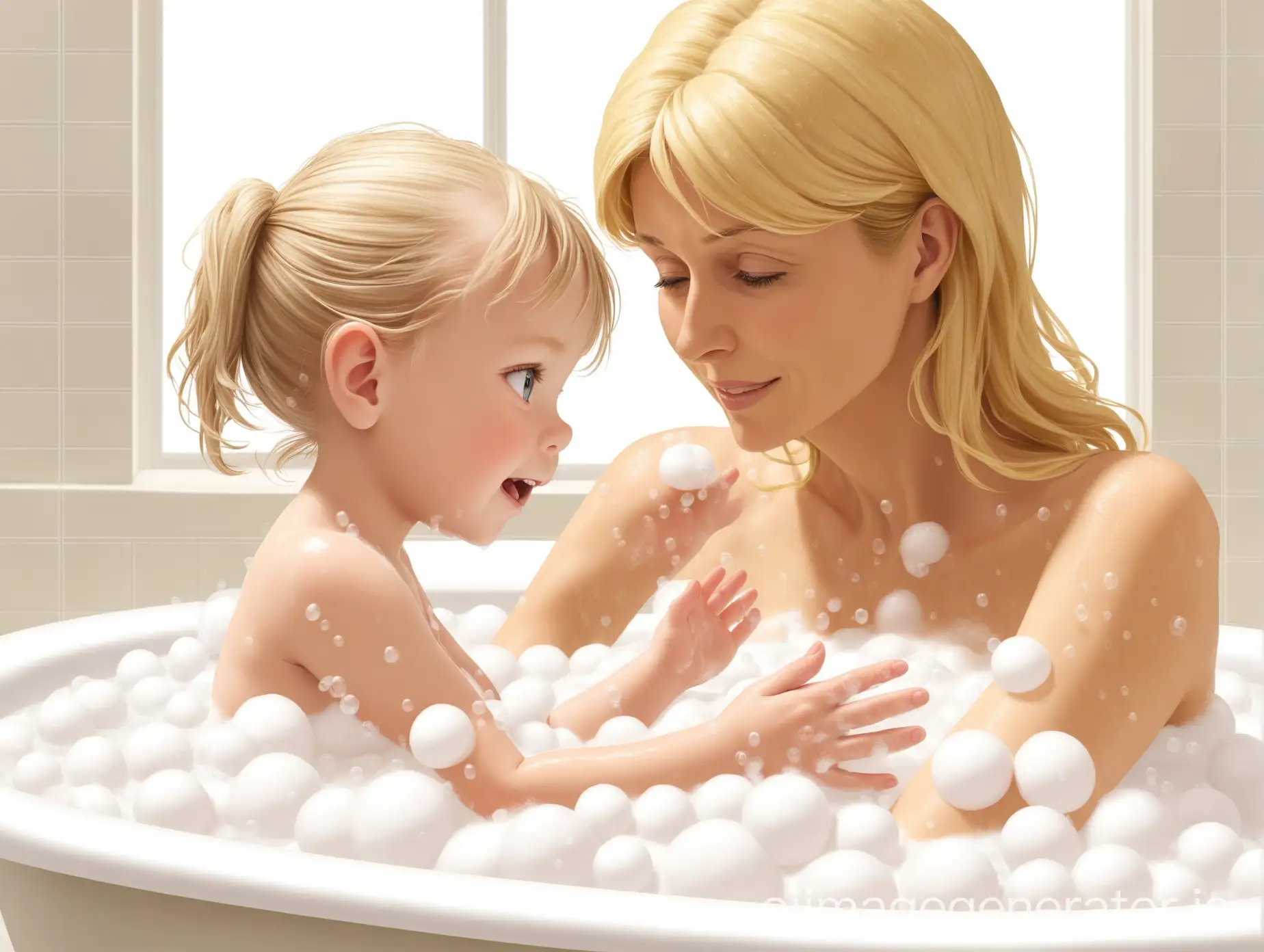blonde mother and daughter in bubble bath