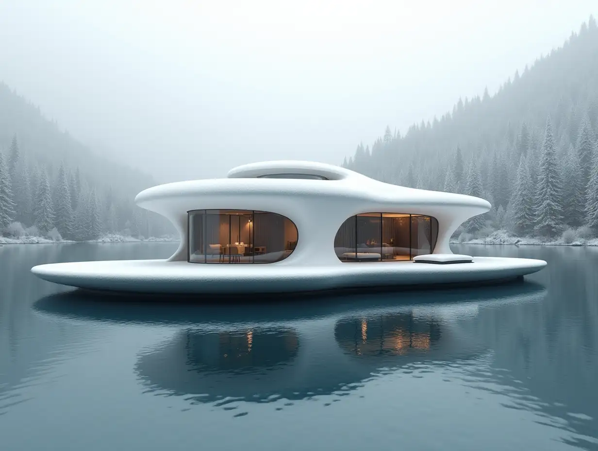 A futuristic house lies on the water in a lake