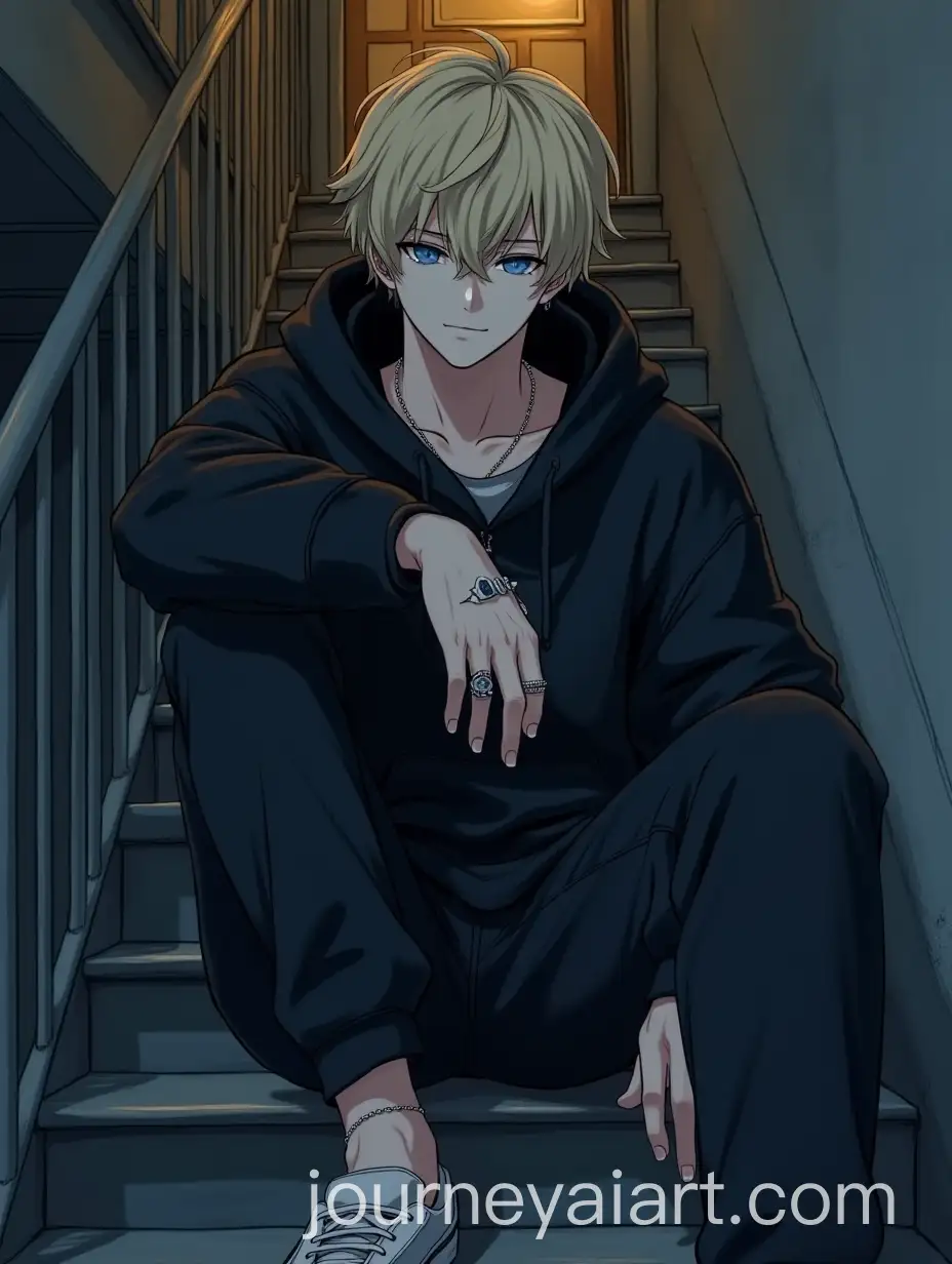 Young-Man-in-Black-Hoodie-Sitting-on-Stairs-Outside-Old-Apartment-Building