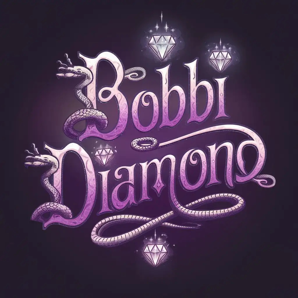 create a whimsical logo for Bobbi Diamond, typography, detailed, intricate, unique, Lettering, hand draw script font, mystical vibes, snakes, diamonds