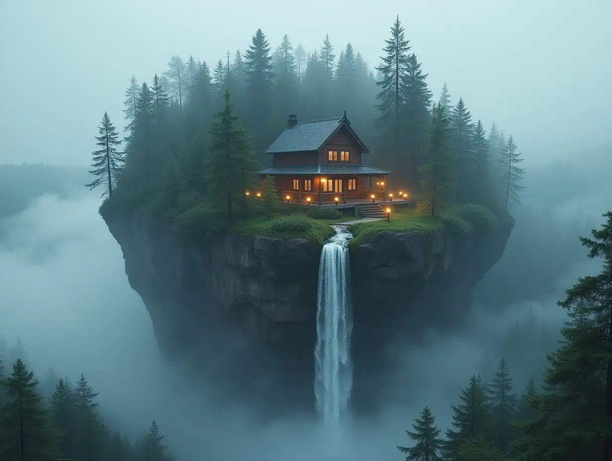 Create a globe, from whose upper half a housen with lanterns, forest waterfall protrudes and with gray sky with fog