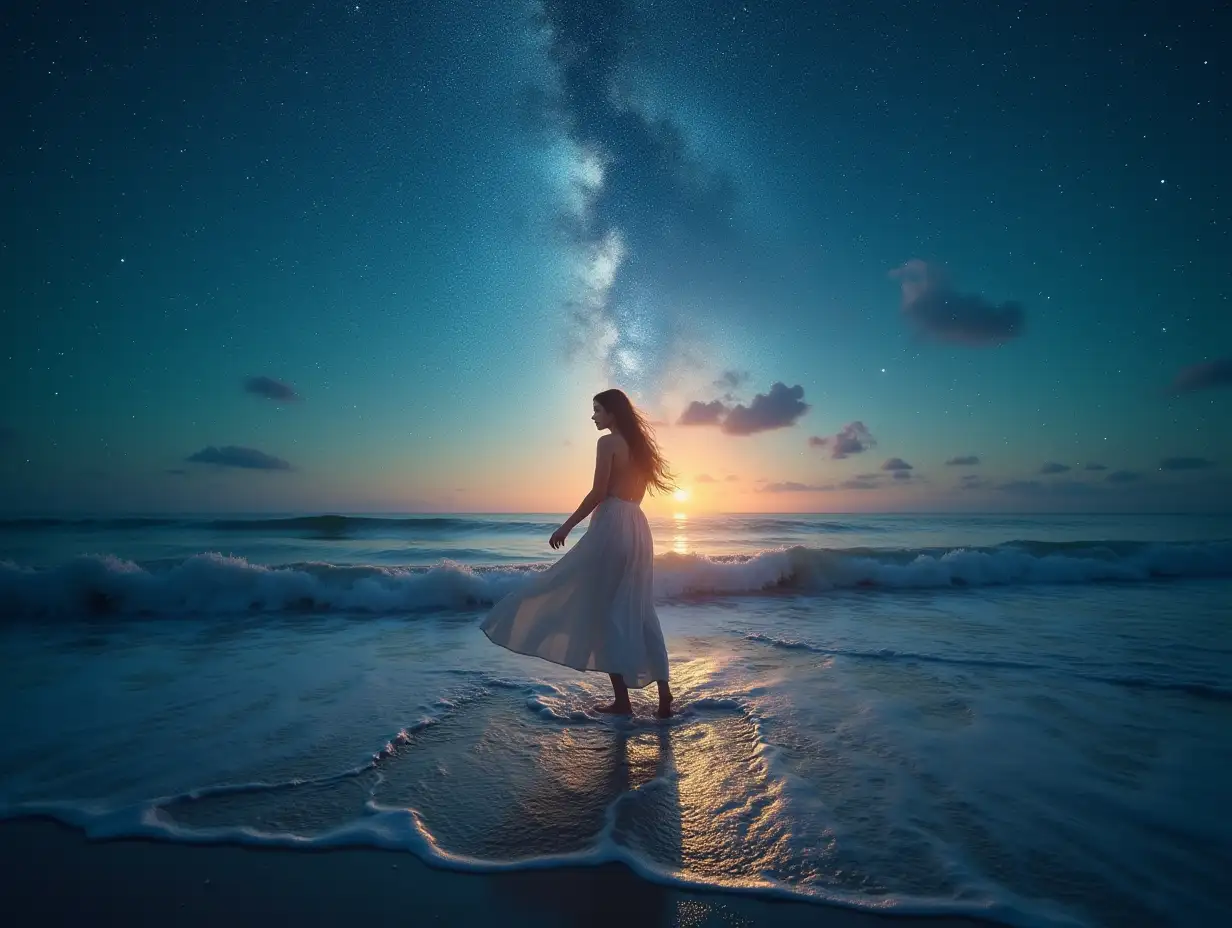 Create a serene and mystical scene of a woman standing at the edge of the ocean during the night. She is dressed in a flowing white gown that catches the gentle breeze, and her silhouette is illuminated by the soft glow of a setting sun on the horizon. Above her, the night sky is adorned with a stunning view of the Milky Way, filled with countless stars. The waves gently lap at her feet, and the wet sand reflects the light from the sky, adding to the ethereal beauty of the moment. The atmosphere is peaceful, magical, and reflective