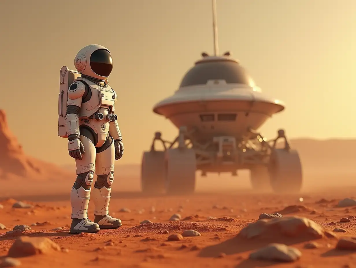 Create a high-resolution, realistic image of the artificial intelligence two meter tall Robert on Mars with a spaceship 4k resolution with