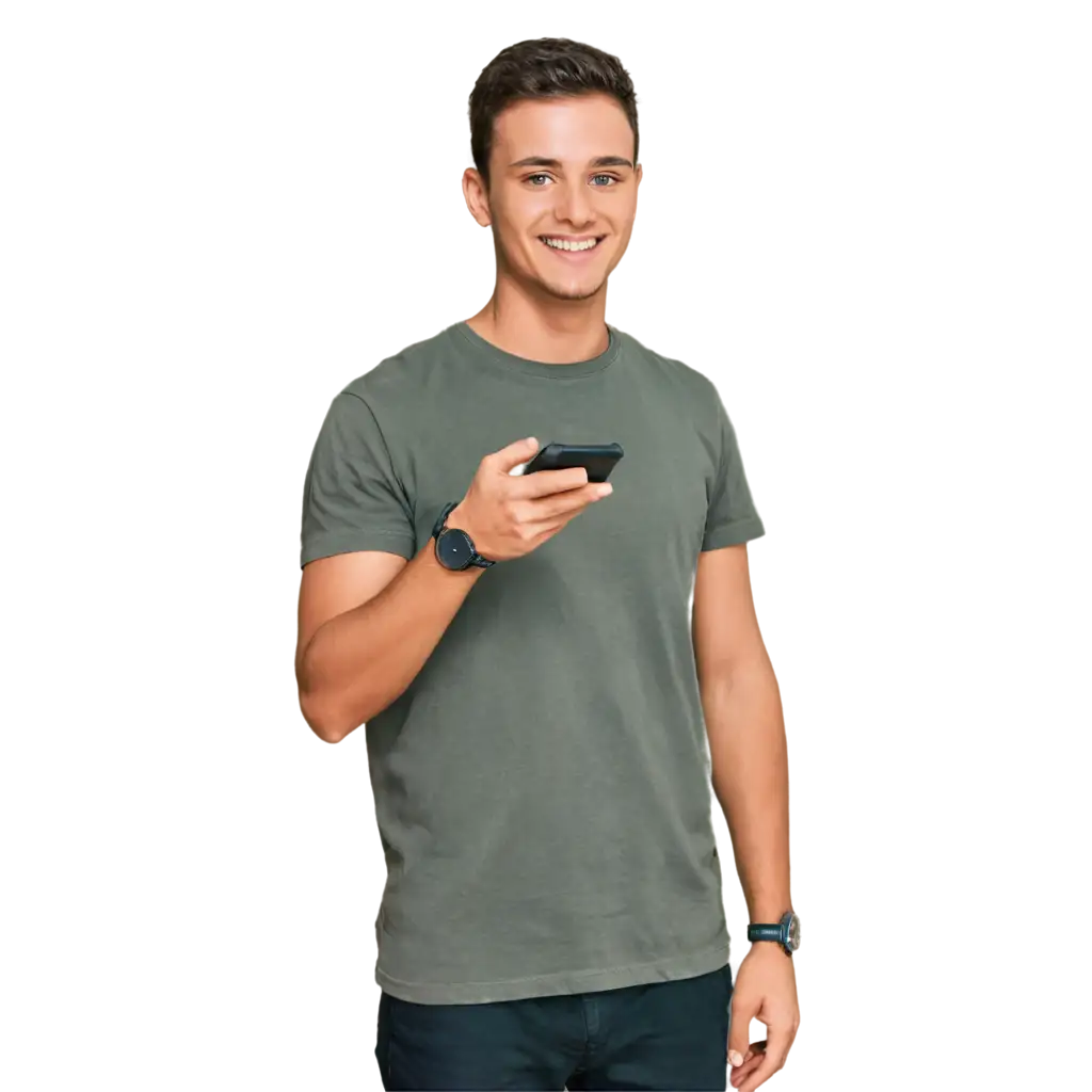 Charming young man in casual clothing using smart phone and smiling while standing