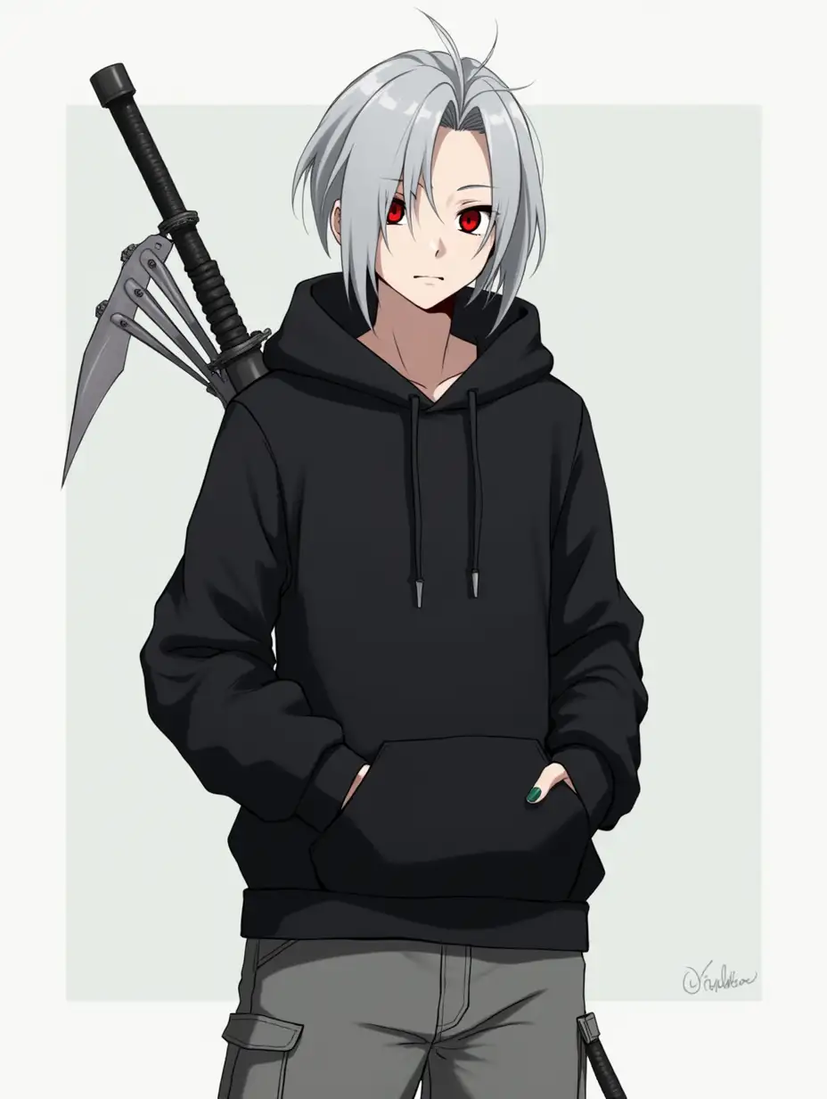 Create for me a realistic anime fantasy character, his name is Hidan, has medium-length silver hair, combed back, and distinctive bright crimson eyes, ordinary gray pants, dark green nail polish on his nails. Hidan always wears a scythe with three blades on it, carries it behind his back and coils with a cable from it on his belt. He almost always wears a black hoodie.