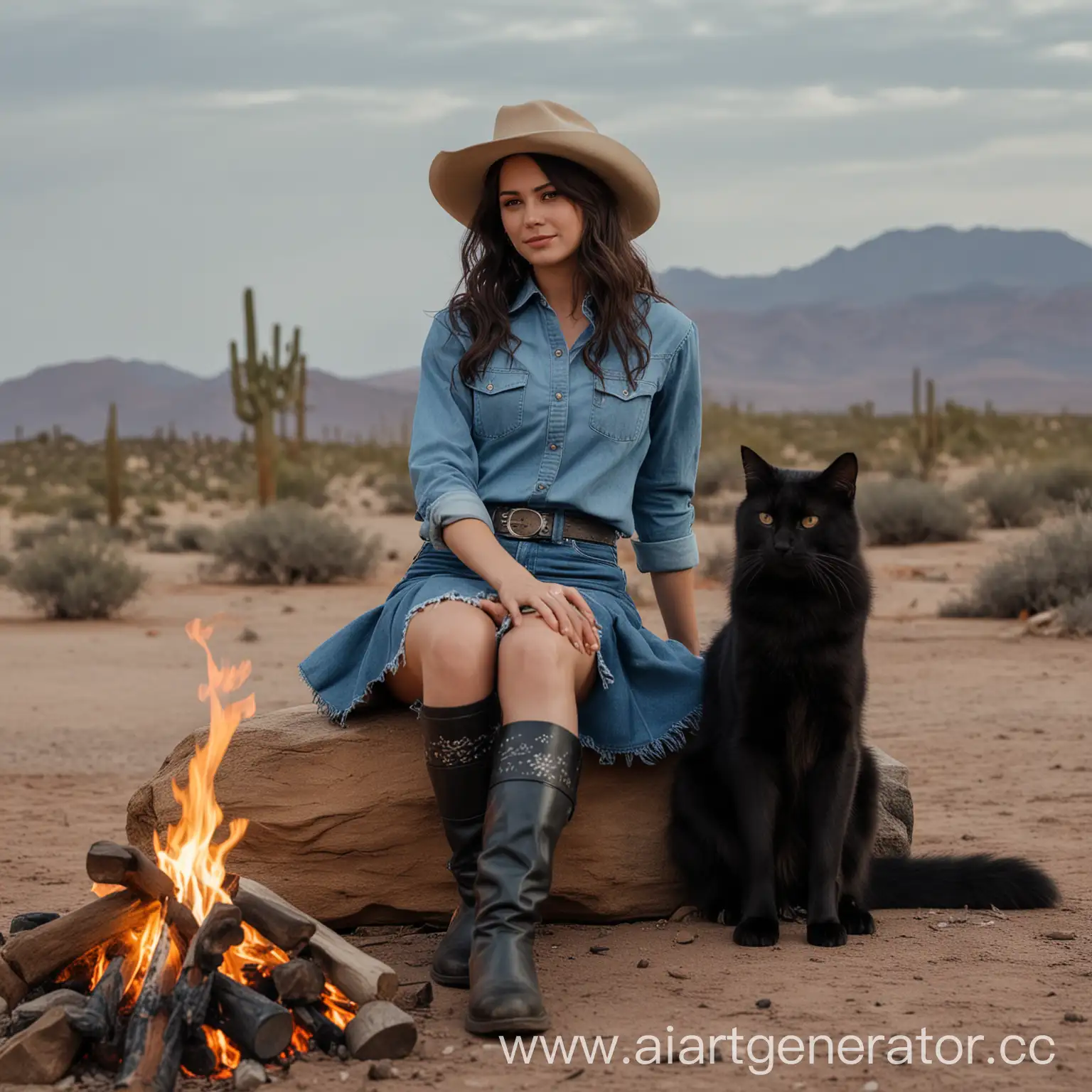 Cowgirl-with-Fluffy-Black-Cat-Resting-by-a-Desert-Campfire