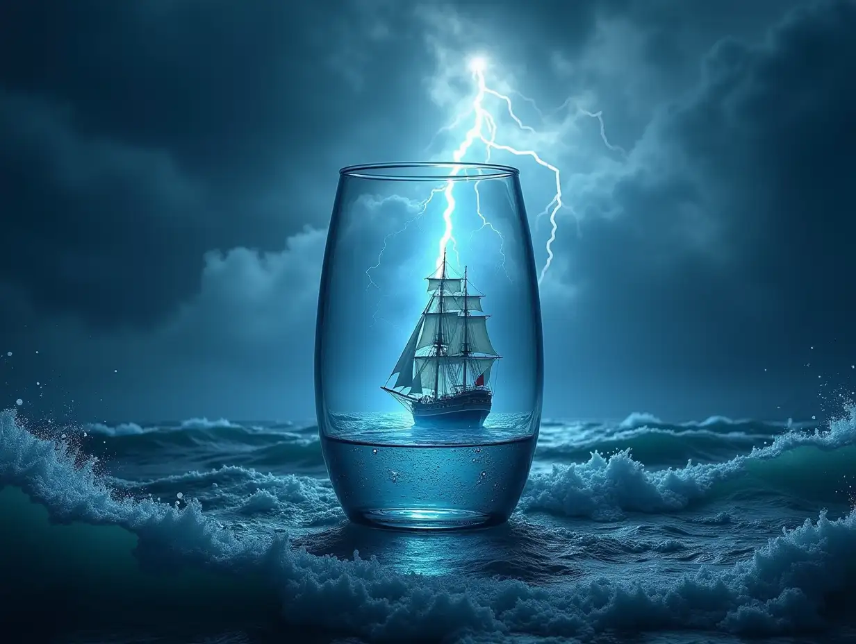 Create an oval glass container with An ocean with big waves,a large sailing ship and lightning 4K resolution