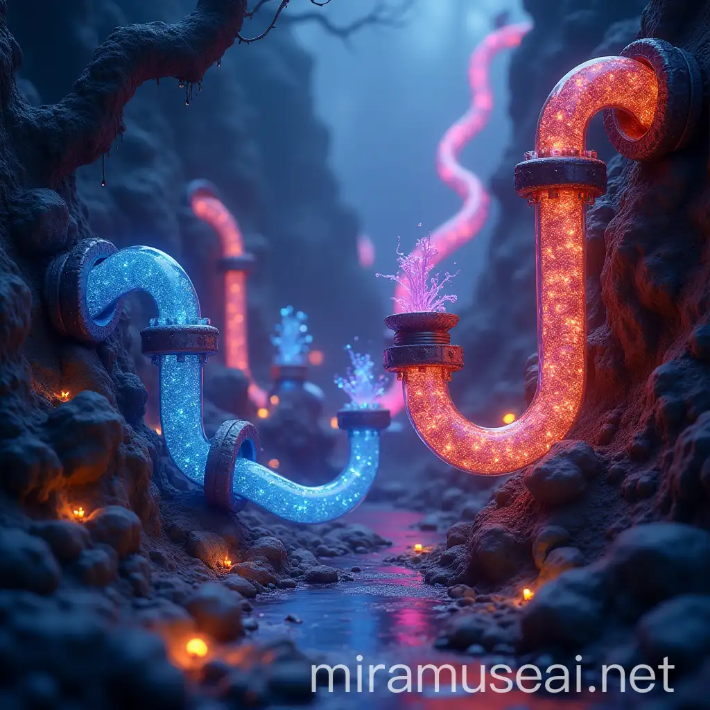 Fantasy Scene with Magical Glowing Pipes in Blue Pink and Orange