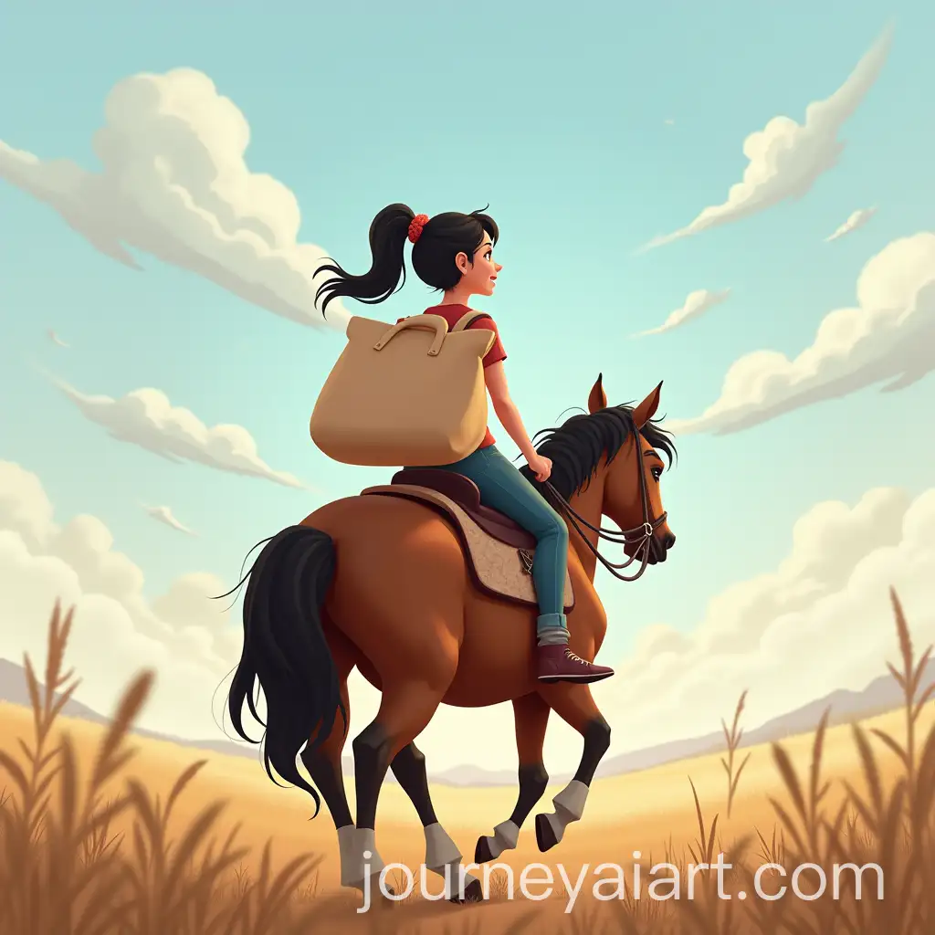 Girl-Riding-Horse-with-Large-Bag-in-AnimatedAI-Image-Prompt-Expansion-Style
