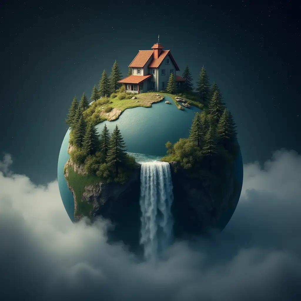 Create a globe, from whose upper half a building, forest, waterfall comes out and with black sky stars and fog