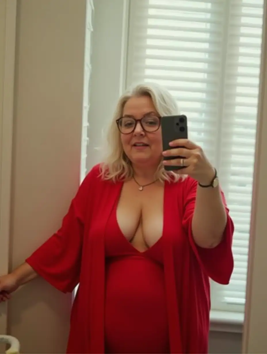 A full-body mirror selfie taken from a first-person perspective. A CURVY 50 years old woman stands facing in front of the mirror, (VERY DISSOLVED AND LOOSE RED ROBE AROUND THE BUST, NO BRA, NO SHIRT, glasses), . Her platinum blonde hair falls over her shoulders. She holds a phone outstretched, capturing her reflection. The hand with the phone hides her face. (The fitting room for clothes in a store is bright with a light featuring white blinds in the background.), The mirror frame and wall are visible, creating an intimate bathroom setting., (day lighting), HD, vivid colors, detailed portrait. No fogging, 8k, ultra hd photorealistic full height 8k, 