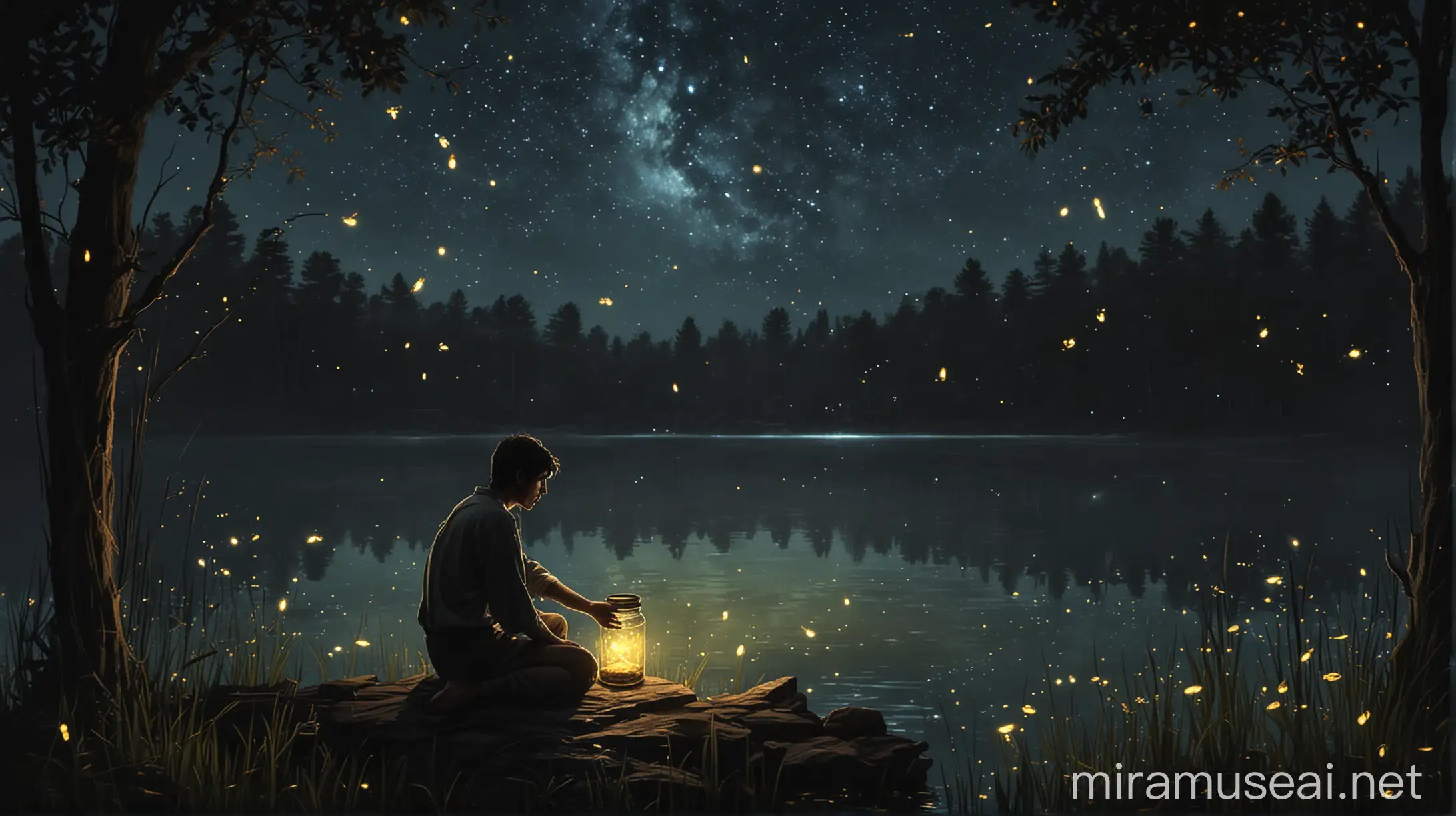 Ethereal Scene of Love and Loss with Glowing Fireflies at a Moonlit Lake