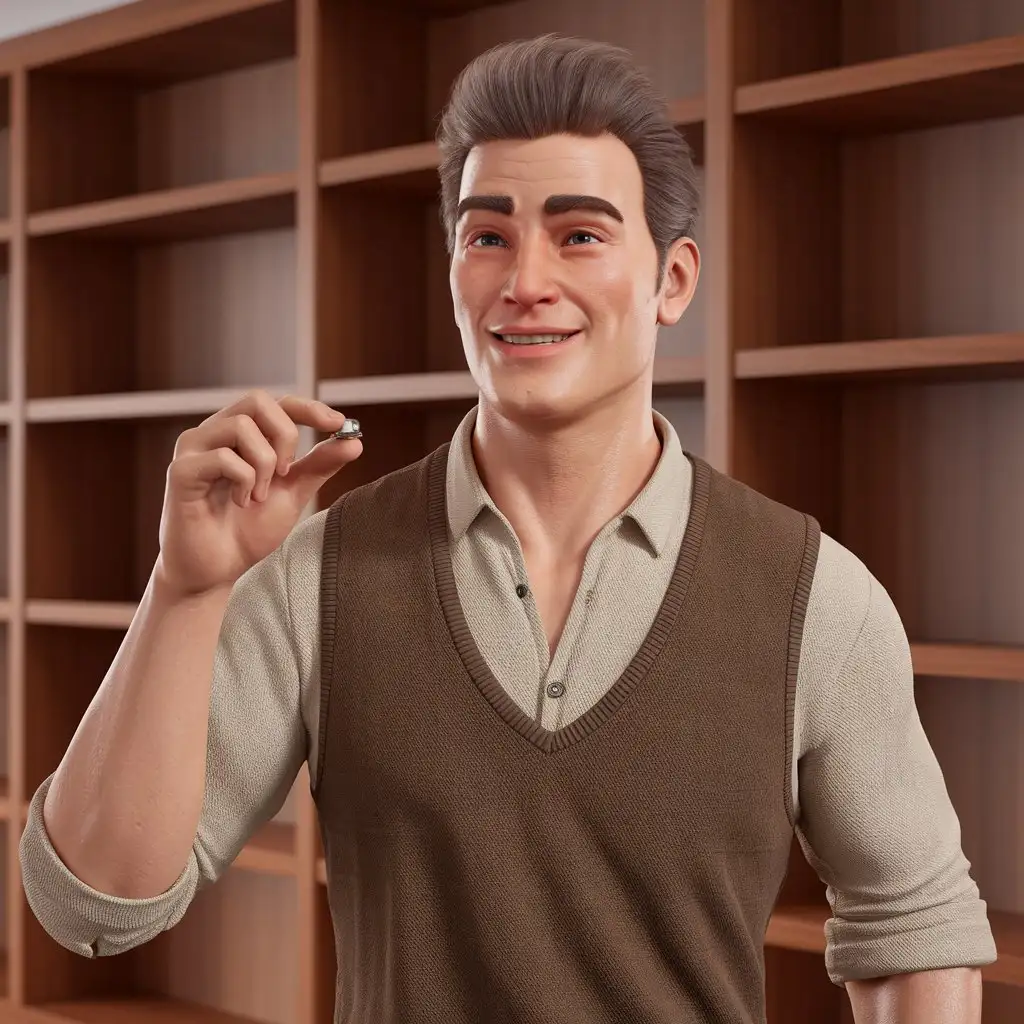 a realistic 25-year-old handsome and happy man in waist shot holding a small button on an intelligent background with books 3d