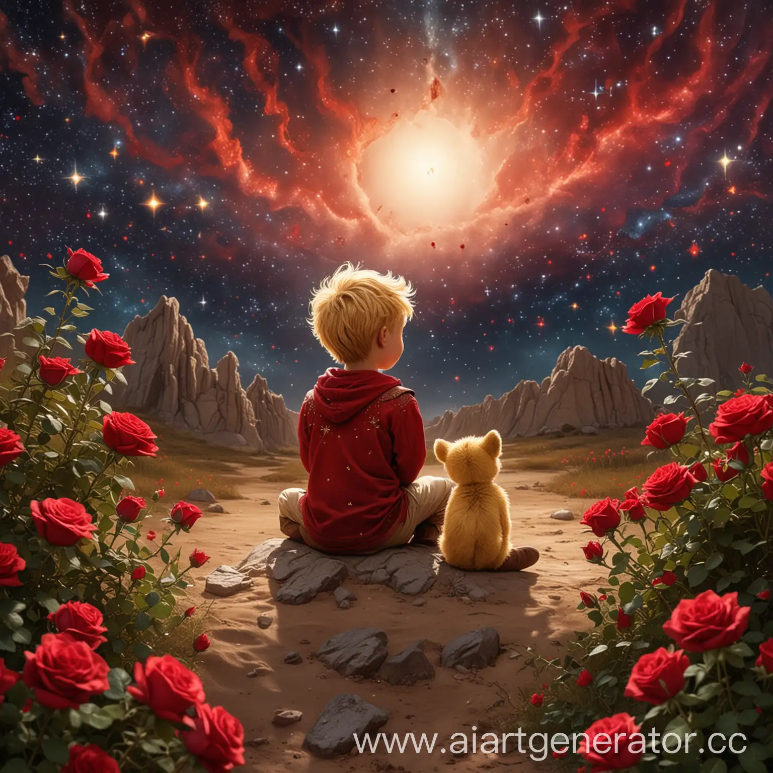 Little-Prince-with-Red-Rosebush-and-Cubs-on-Tiny-Planet-with-Stars