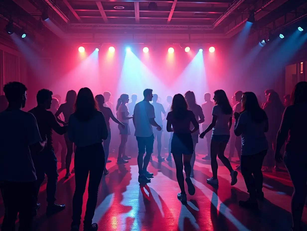 Draw a dance floor at a disco where people are dancing, the light is flowing, in general all attributes of a disco, a dimly lit room in the light of the disco lights.