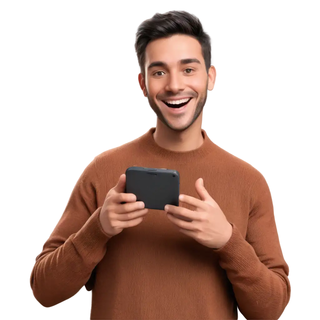 3D-PNG-Image-of-a-Man-Smiling-While-Looking-at-His-Handphone-Screen-HighQuality-Digital-Art