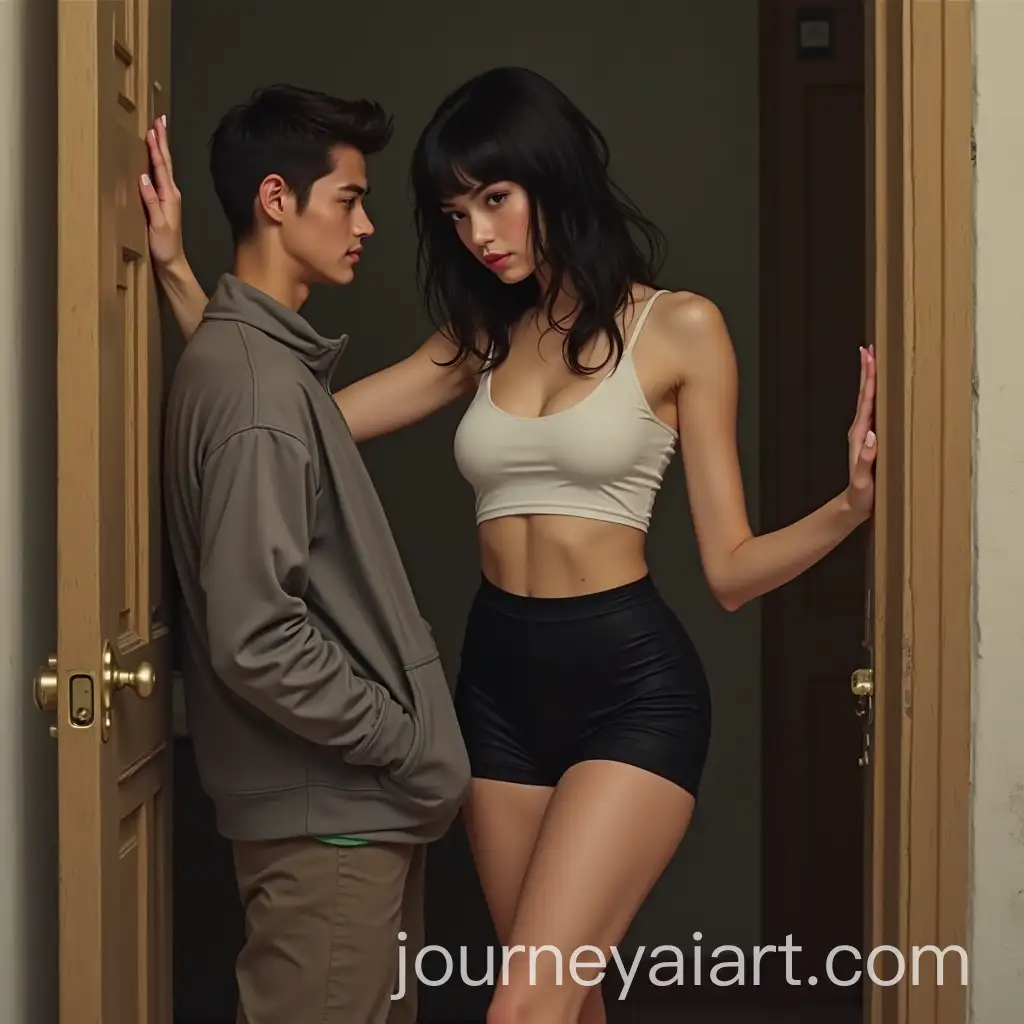 Tall-Asian-Female-Towering-Over-Friend-in-Doorway-with-Menacing-Gaze