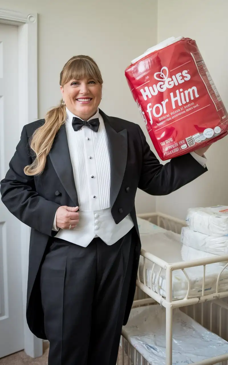 Caucasian-Woman-in-Concert-Tuxedo-Holding-Huggies-in-Nursery