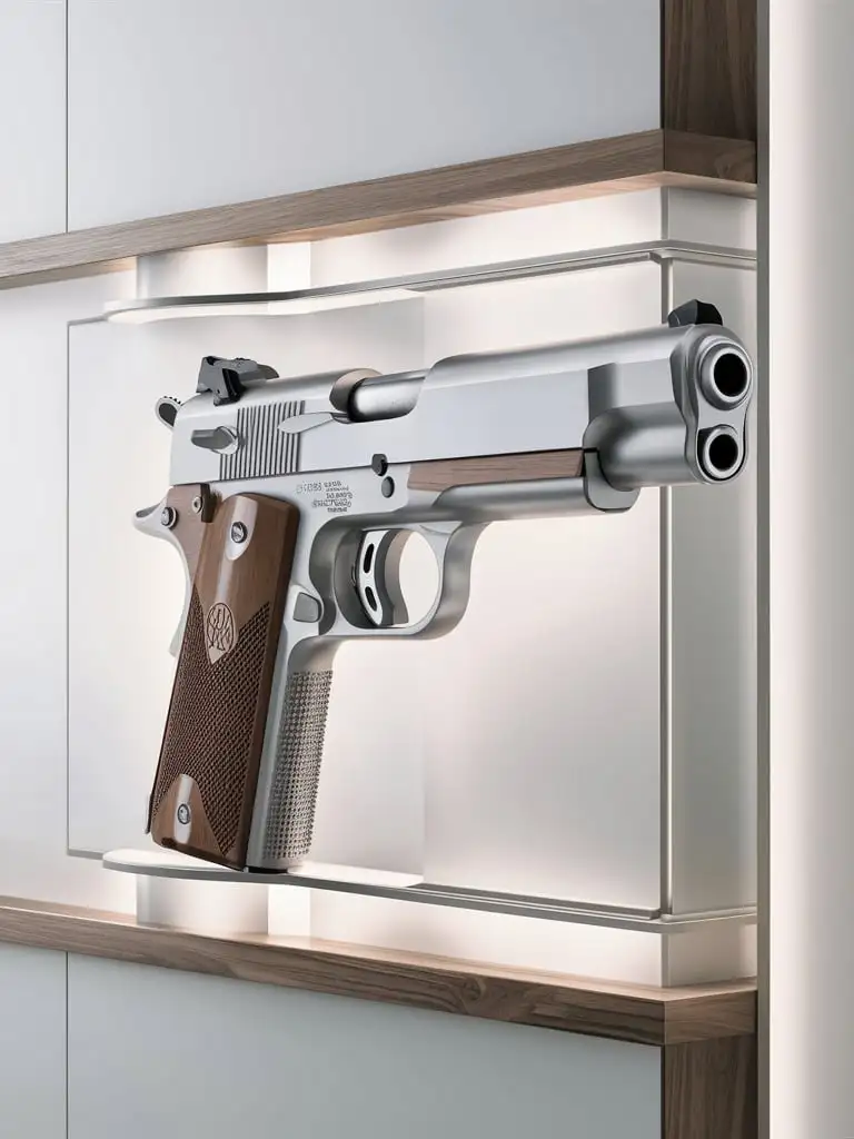 Generate a high-quality image of a classic and reliable 9mm pistol, widely recognized for its accuracy and durability, in silver. The pistol must include wooden details, such as grips or other accents, to enhance its classic appearance. Ensure the design and proportions are realistic and true to life. The background should be modern, featuring a white setting with possible wooden accents. Ensure the pistol is fully visible and fits entirely within the frame.