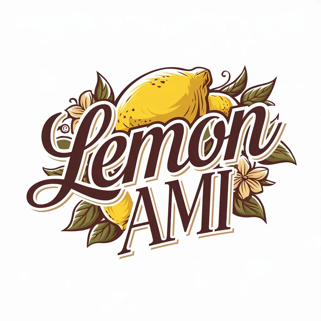 a vector logo design,with the text "Lemon AMI", main symbol:a lemon in the foreground, the ''O'' of Lemon should be a lemon, the script ''Lemon'', the script ''AMI'' larger than Lemon in a roman typeface. it should be suitable for realization on a glass bottle. I want the writing Lemon AMI to be surrounded by leaves, lemon flowers for a bucolic style.,complex,clear background