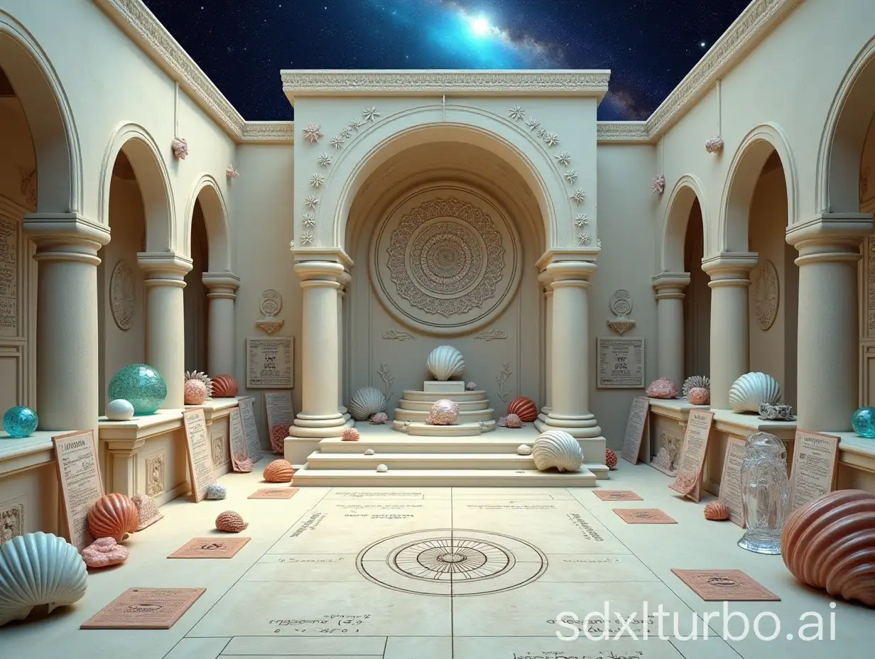 a carved white stone hall with  formulas on the walls, carved pillars altar with mandalas, many glassy polyhedra on shelves, spiraling seashells, papers and posters with mandalas et formulas, pictures of fractals, galaxie and starry sky in the background, off white, blueish and warm colors, high precision, low saturation