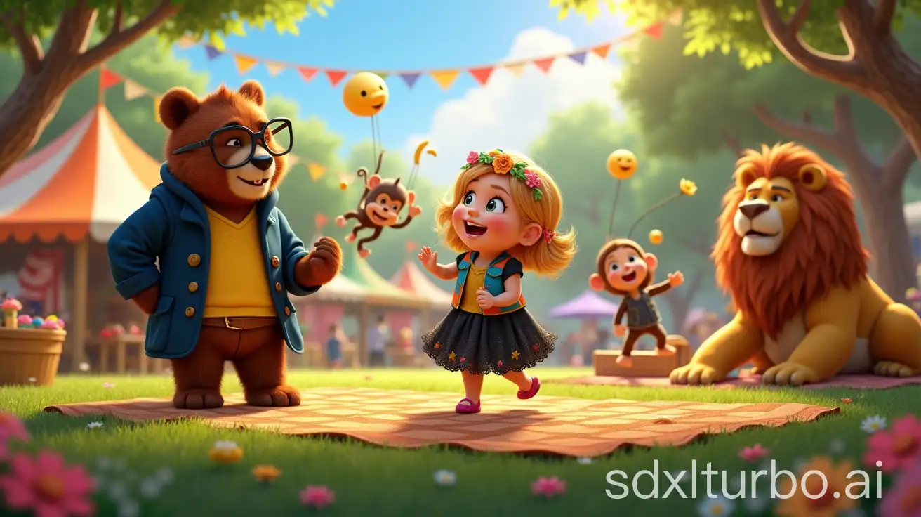 Characters:      Bear: A charming 3-foot-tall character with fluffy brown fur, wearing a stylish navy coat over a bright yellow shirt and brown pants. His big glasses and friendly smile radiate joy.     Lily: A cheerful 3-year-old with long golden hair and bright green eyes, dressed in a black dress adorned with sparkling stars. She twirls joyfully as she dances.     Monkey: A playful monkey with brown fur, swinging from a tree in a colorful vest and tiny hat, giggling at Bear.     Lion: A majestic lion with a golden mane and warm amber eyes, lounging on a picnic blanket, wearing a flower crown, and roaring with laughter at Bear.  Action: Bear attempts a silly dance to entertain the festival crowd. The monkey swings down, mimicking Bear’s moves, while the lion laughs heartily. “Look at Bear trying to dance!” he exclaims. The other animals join in the laughter as Bear pretends to juggle a banana thrown by the monkey, making everyone burst into giggles. Lily claps her hands, spinning around in delight.  Background: The lively park is decorated with colorful tents and string lights. A large banner reading “Wild Animal Festival” flutters in the breeze. The sun shines brightly, casting a warm glow over the joyful gathering, with blooming flowers surrounding a small pond.  Style: In true Pixar/Disney style, the scene is vibrant and whimsical, filled with expressive characters and an atmosphere of friendship and laughter.