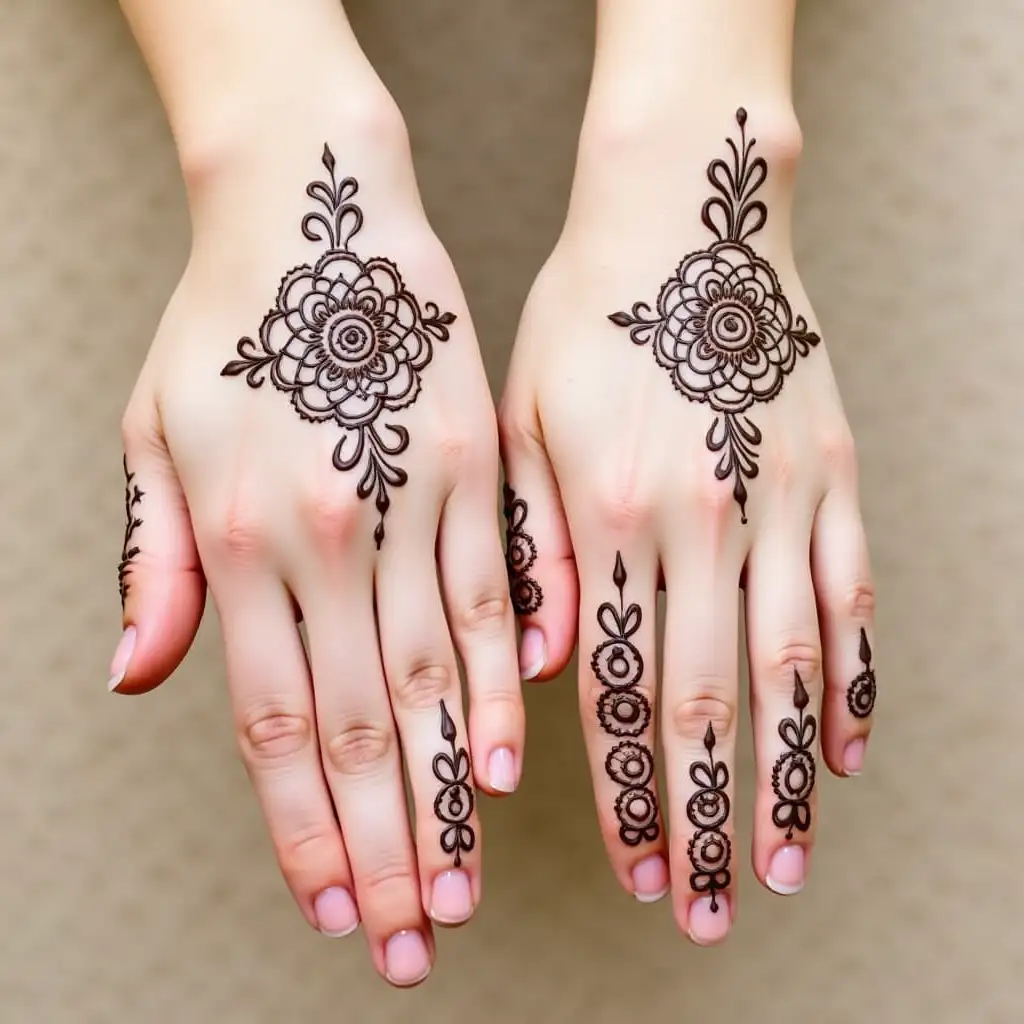 Picture of 4 hands with different minimalist mehndi design among which two of the. Should only cover 20%. Should have both front and back of the hand. The design should be suited for a christian bridal look without any sign of cross it also should be apt for hindu wedding. (Only the design on the palm is enough)