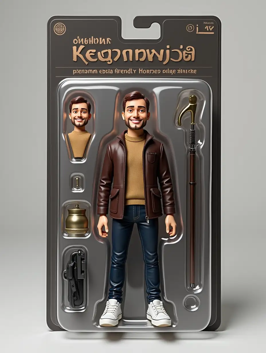 Use this my photo to create a figure of myself in blister packaging in the style of a premium-class collectible toy. The figure should be standing and smiling a relaxed, friendly smile. There should be a heading with the text «[lev]» in capital letters and a subheading «[sigma]» below it on the blister packaging. Accessories should be placed in compartments next to the figure: [cityscape].