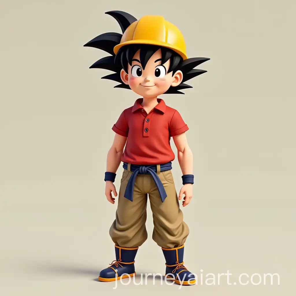 Goku-Wearing-Red-Polo-Shirt-Khaki-Pants-and-Yellow-Safety-Helmet