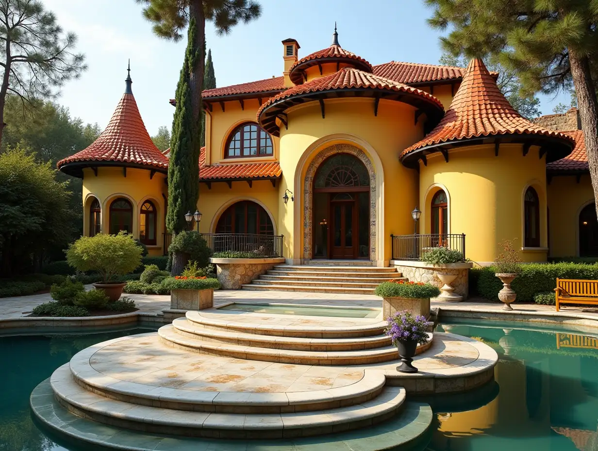 Crooked house, garden  Bepflanzung-Sauber, with golden stucco, large windows with glass closed, curved, smooth window shapes, winding grand entrance steps made of marble, complex roof with pond, lanterns, gold bench, orange tree 4K resolution colorful superwide-angle shots