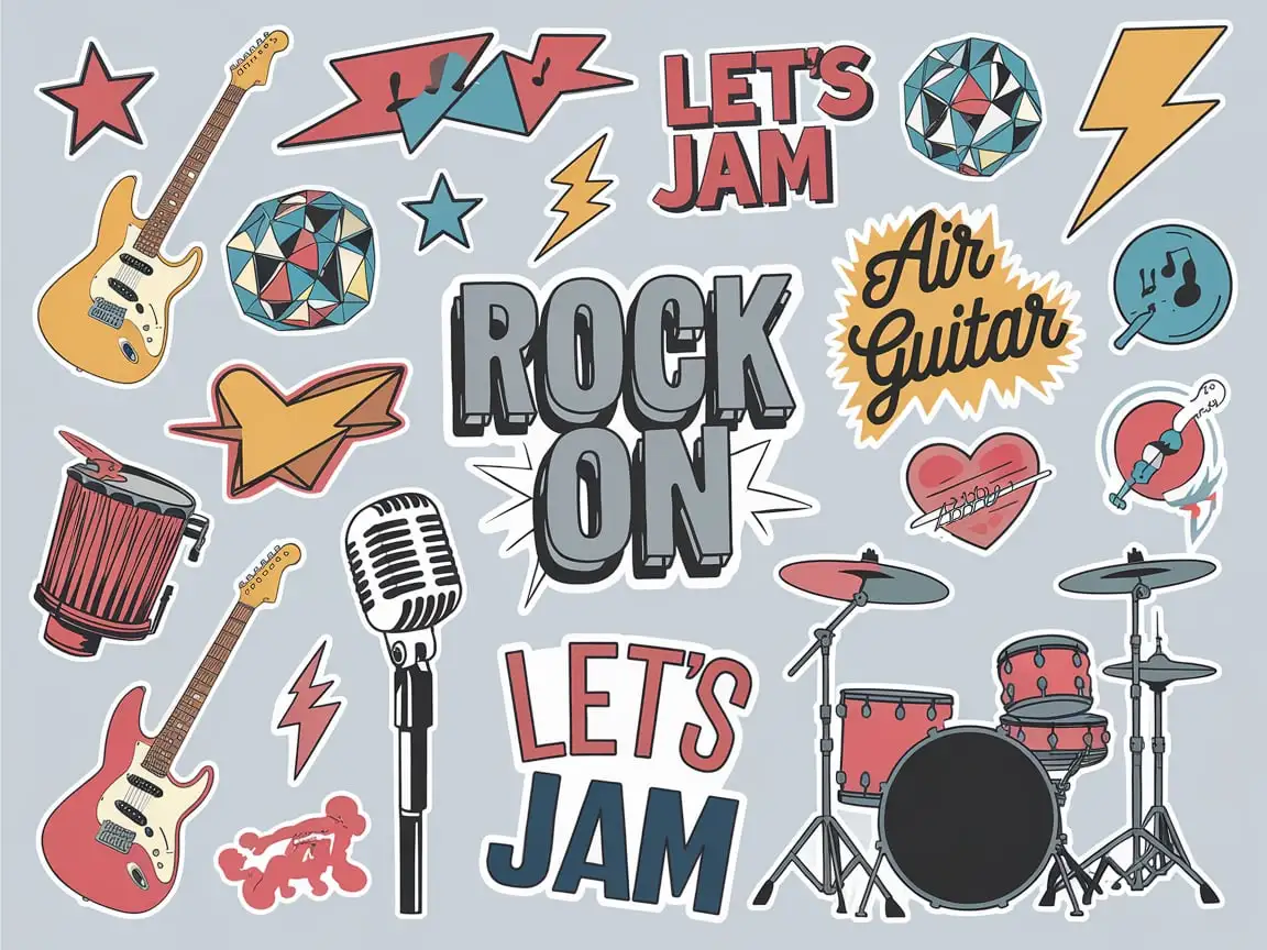 90s Style Rock Music Themed Sheet of Stickers