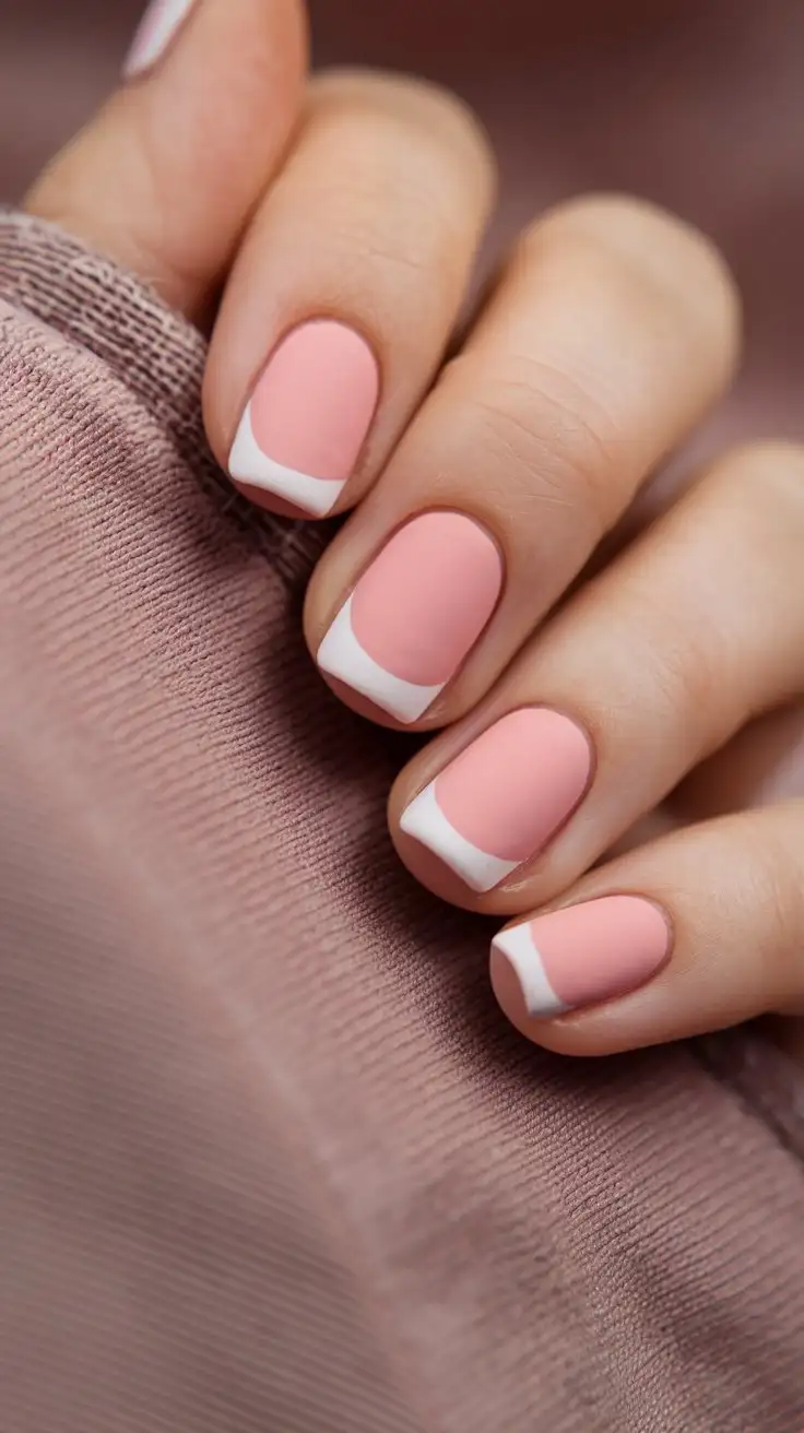 Hand with square-shaped nails featuring a matte pink base and glossy pink French tips. The contrast between the matte and glossy finishes should be clearly visible, creating a subtle yet sophisticated textural effect. Focus on the difference in texture and the clean lines of the French tips. Background is a textured fabric in a similar matte pink shade, slightly blurred.