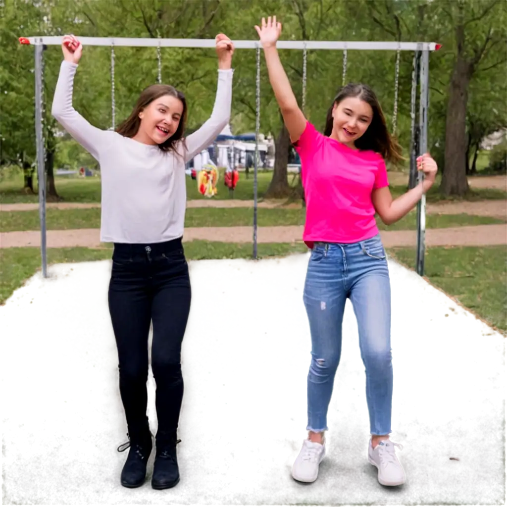 Two girls doing a happy dance in a park beside the swings