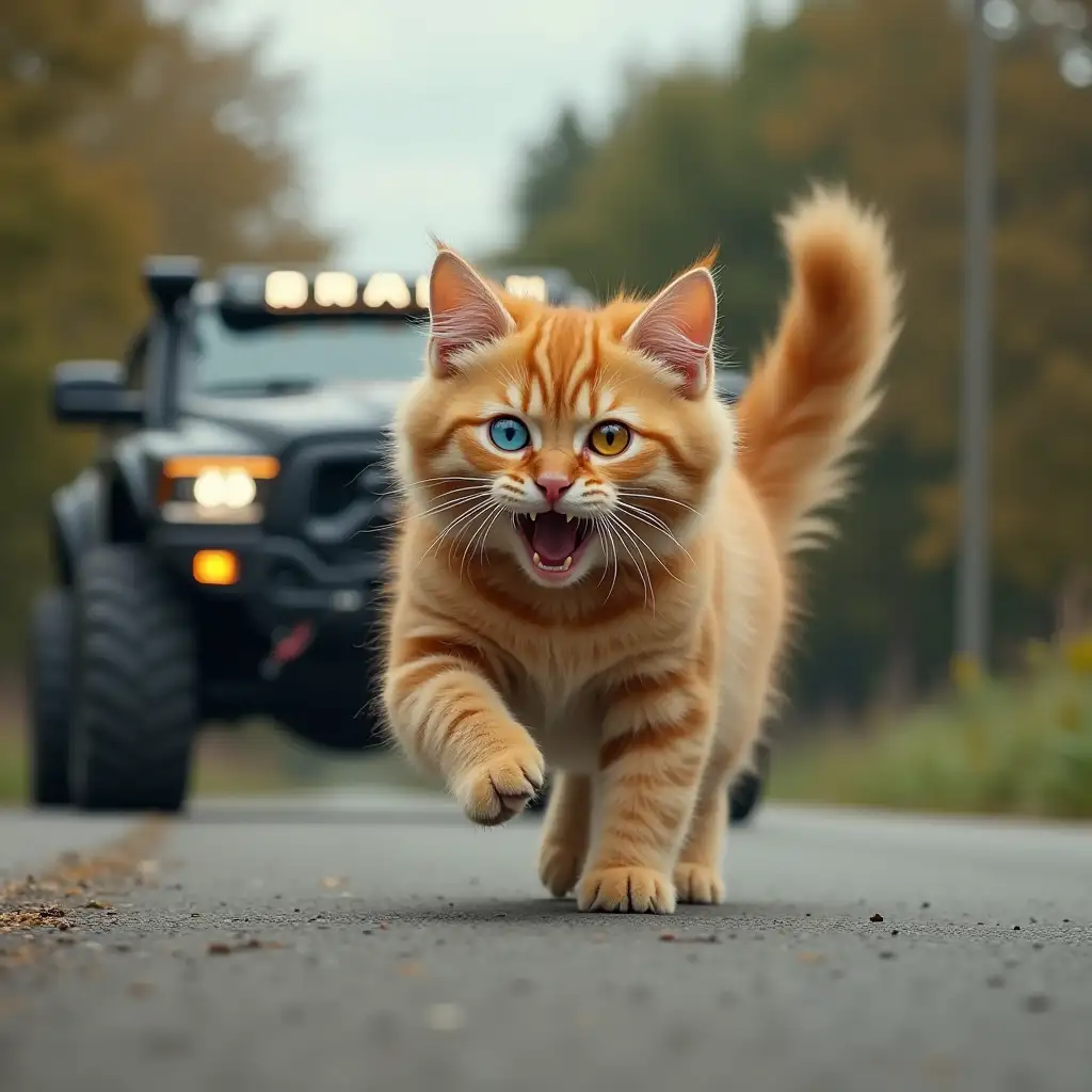 A fluffy ginger cat, in horror, runs along the road, one eye blue, the other yellow, a large black RAM TRX car is chasing him