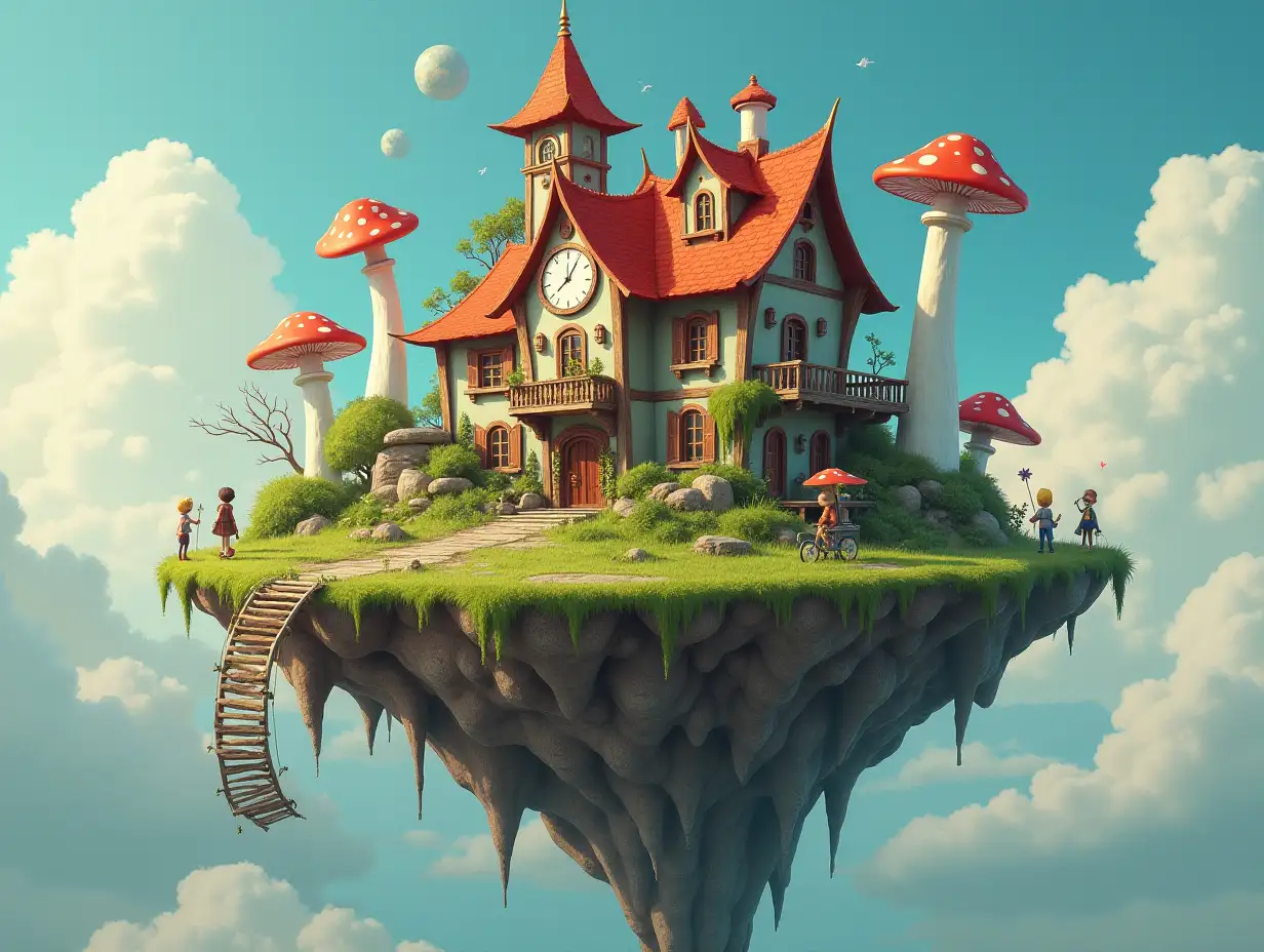 A magical floating island house with tiny people, huge steps and bridge, clocks and mushrooms and tiny people art