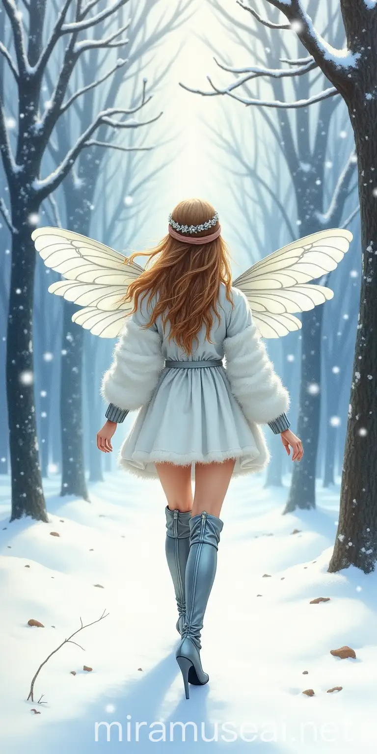 Winter fairy with wings in a snowy forest walking front view, detailed fantasy watercolour painting in the style of photorealistic portrait. She also wearing knee high heel stiletto pointy toe boots