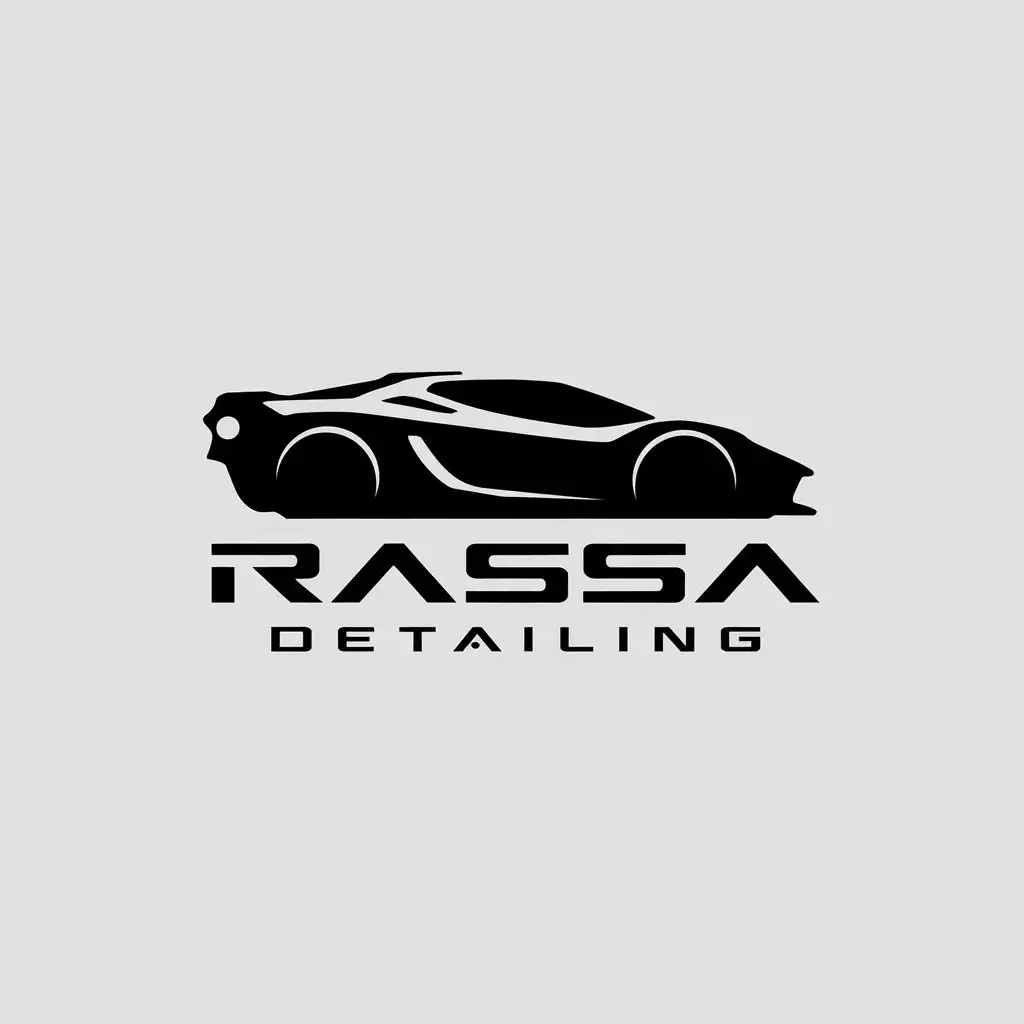 a vector logo design,with the text "Rassa Detailing", main symbol:Silhouette of a sports car body,Minimalistic,be used in Automotive industry,clear background