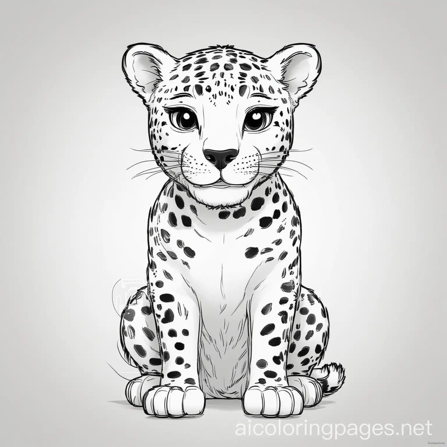 smiling jaguar full body, Coloring Page, black and white, line art, white background, Simplicity, Ample White Space. The background of the coloring page is plain white to make it easy for young children to color within the lines. The outlines of all the subjects are easy to distinguish, making it simple for kids to color without too much difficulty