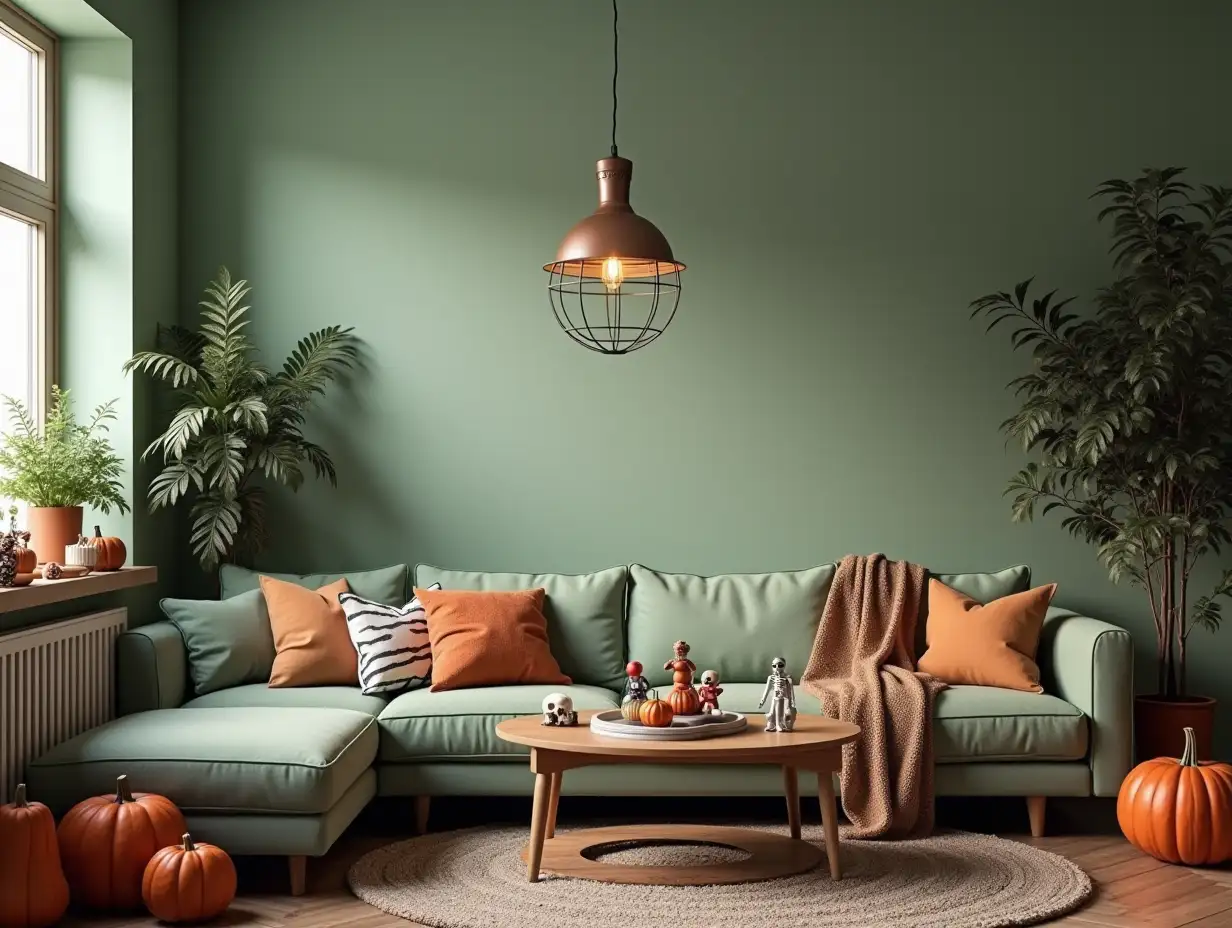 Spooky-Decorated-Modern-Living-Room-with-Vintage-Lamp