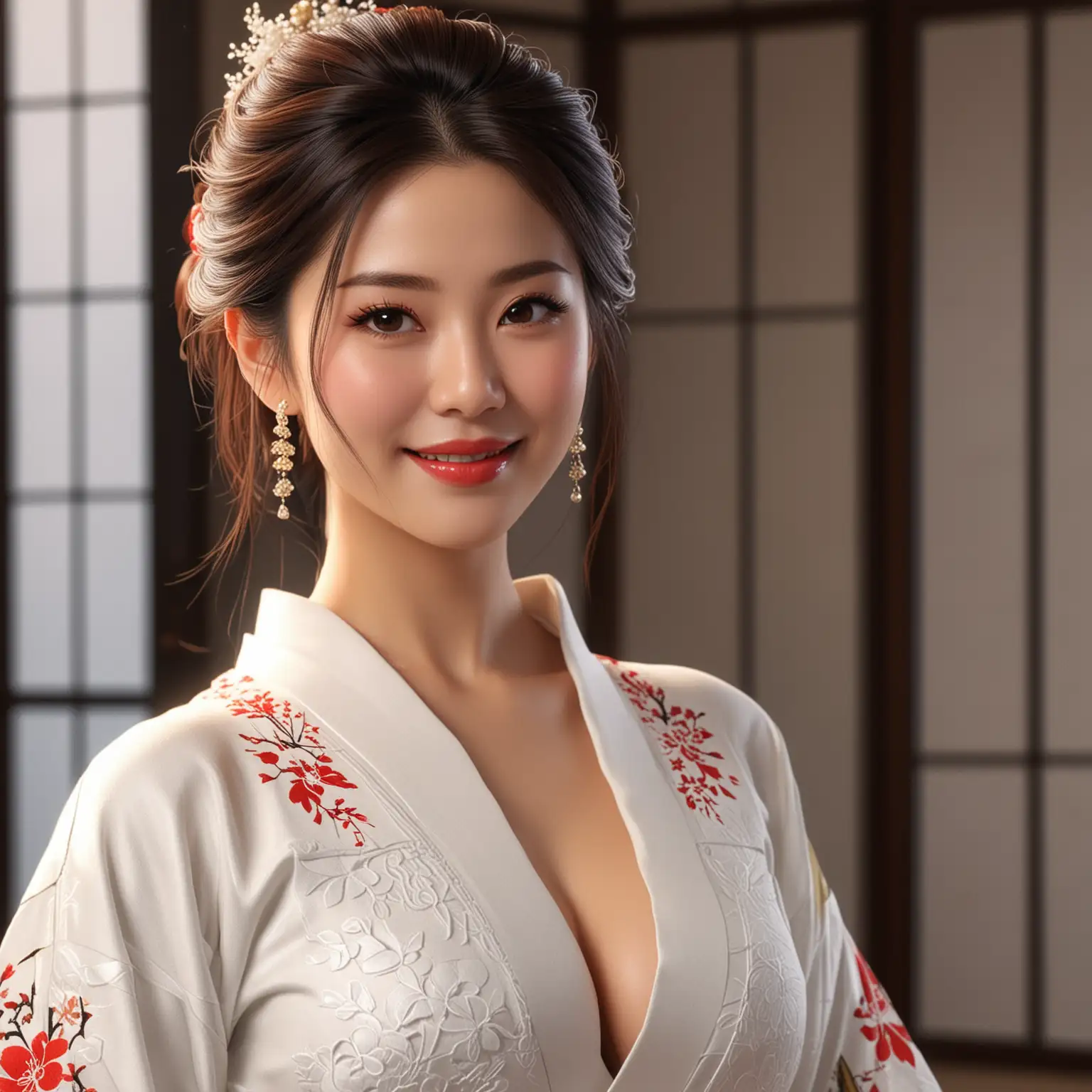 Beautiful-Woman-in-White-Kimono-in-a-Luxurious-Hall