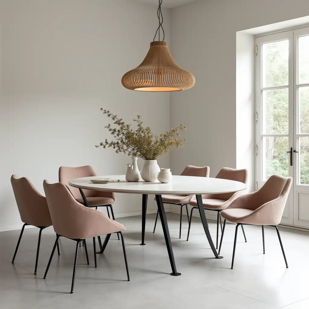 dining table with ceramic countertop combined with soft chairs on metal legs in a minimalistic interior with furniture and chandelier to look like a catalog cover