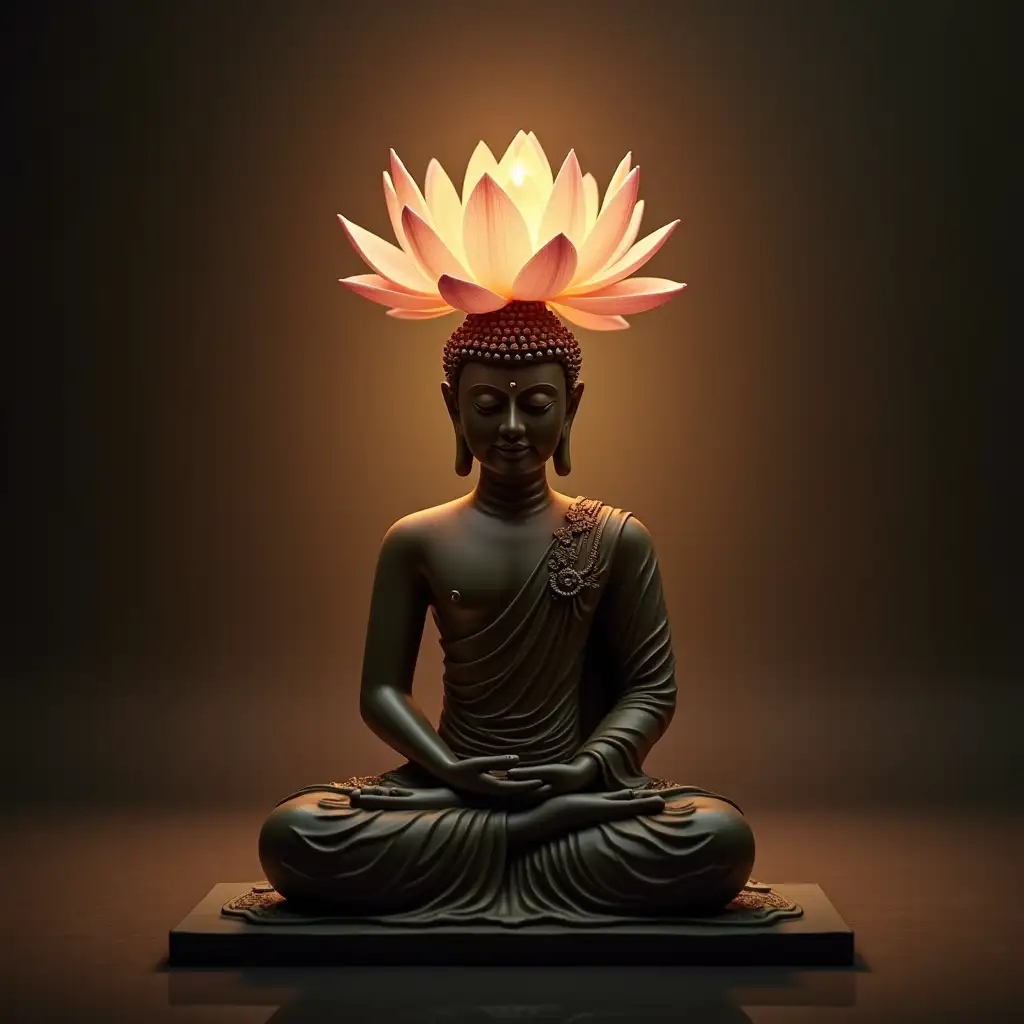 lotus flower on top of a Buddha sitting with hands joined, lit from behind